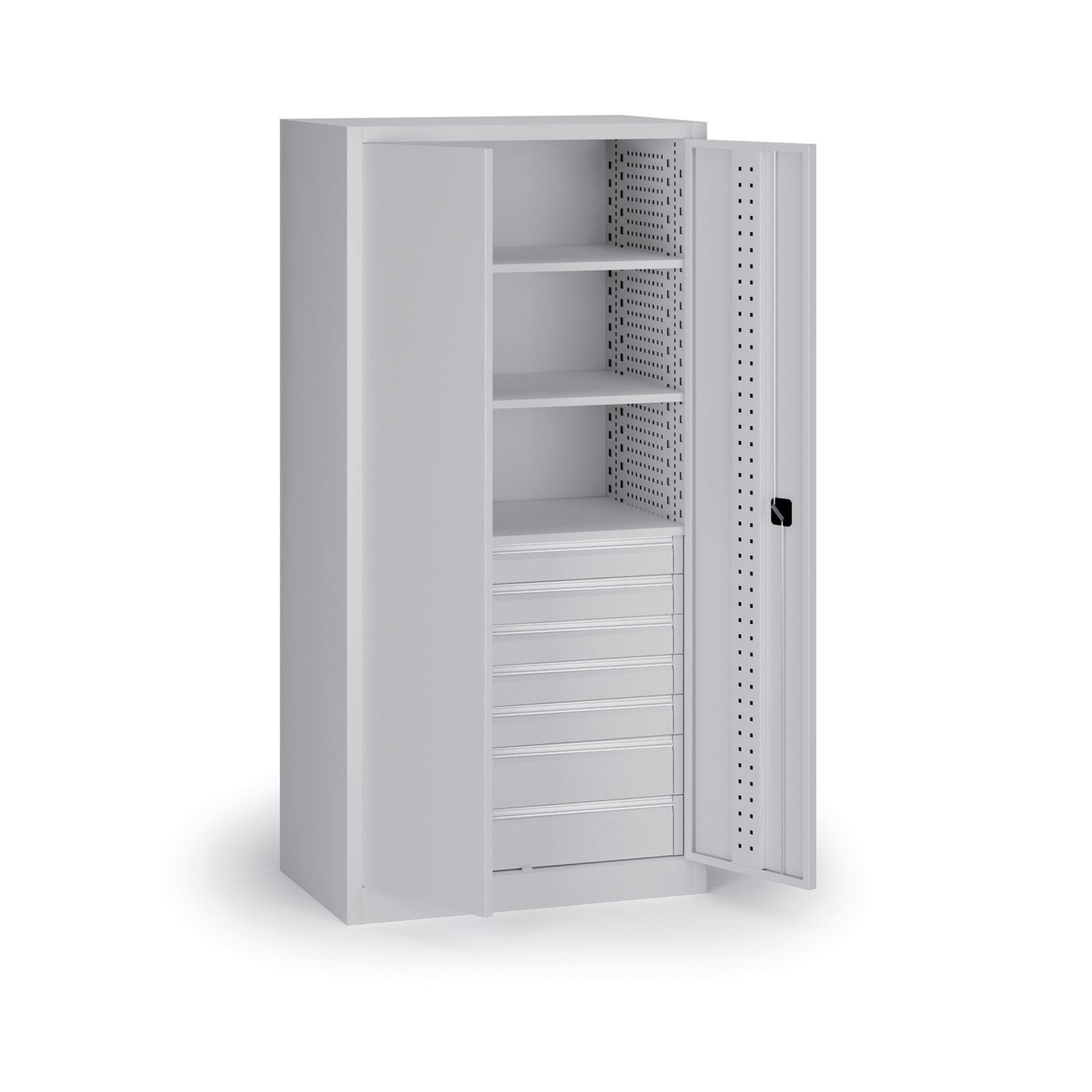 Dielenská zásuvková skriňa na náradie KOVOS, 3 police, 7 zásuviek, perforovaná, 950 x 600 x 1950 mm