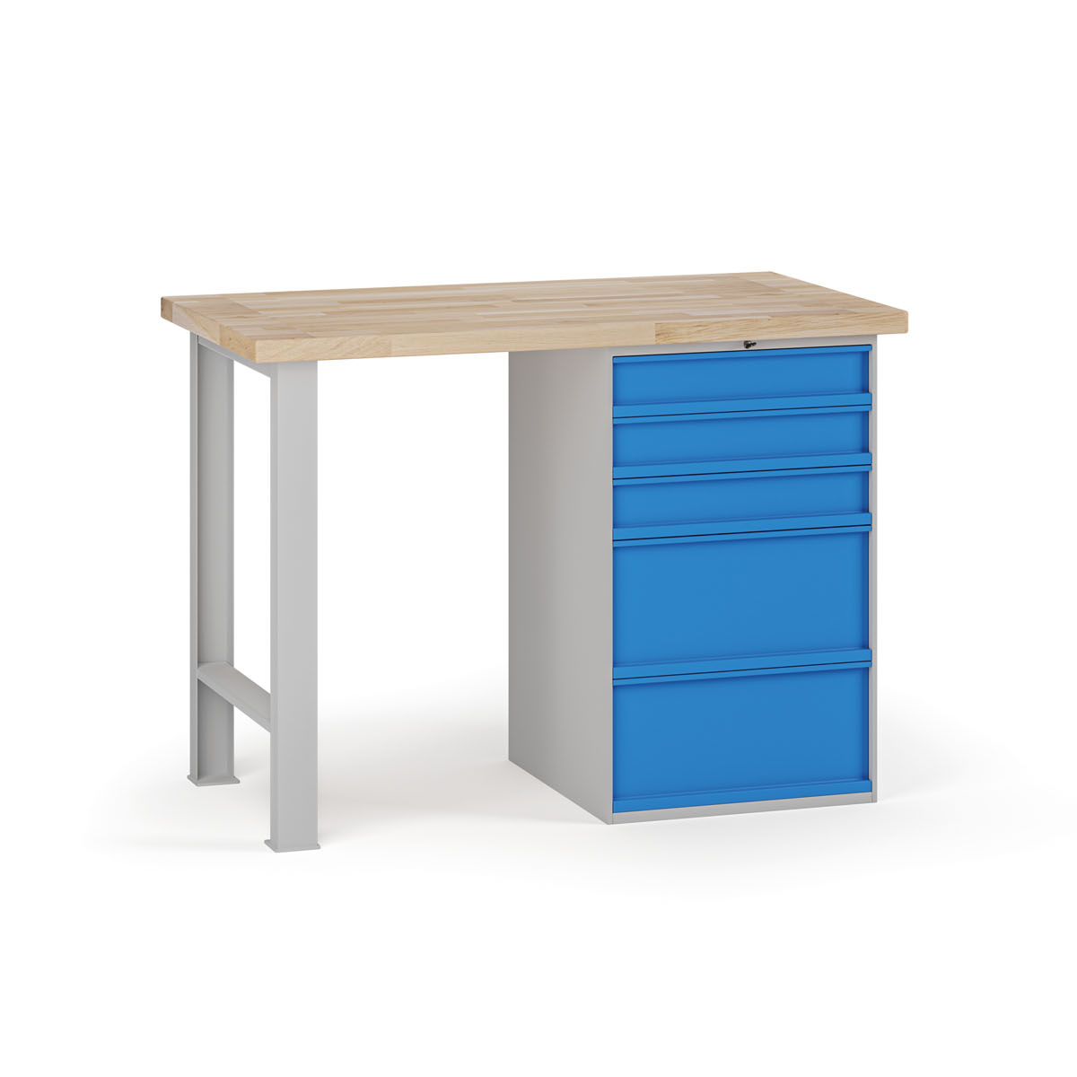 Fotografia produktu: Dielenský pracovný stôl G7, buková škárovka, 1200 x 685 x 840 mm, 1x kontajner, 5 zásuviek, modrá