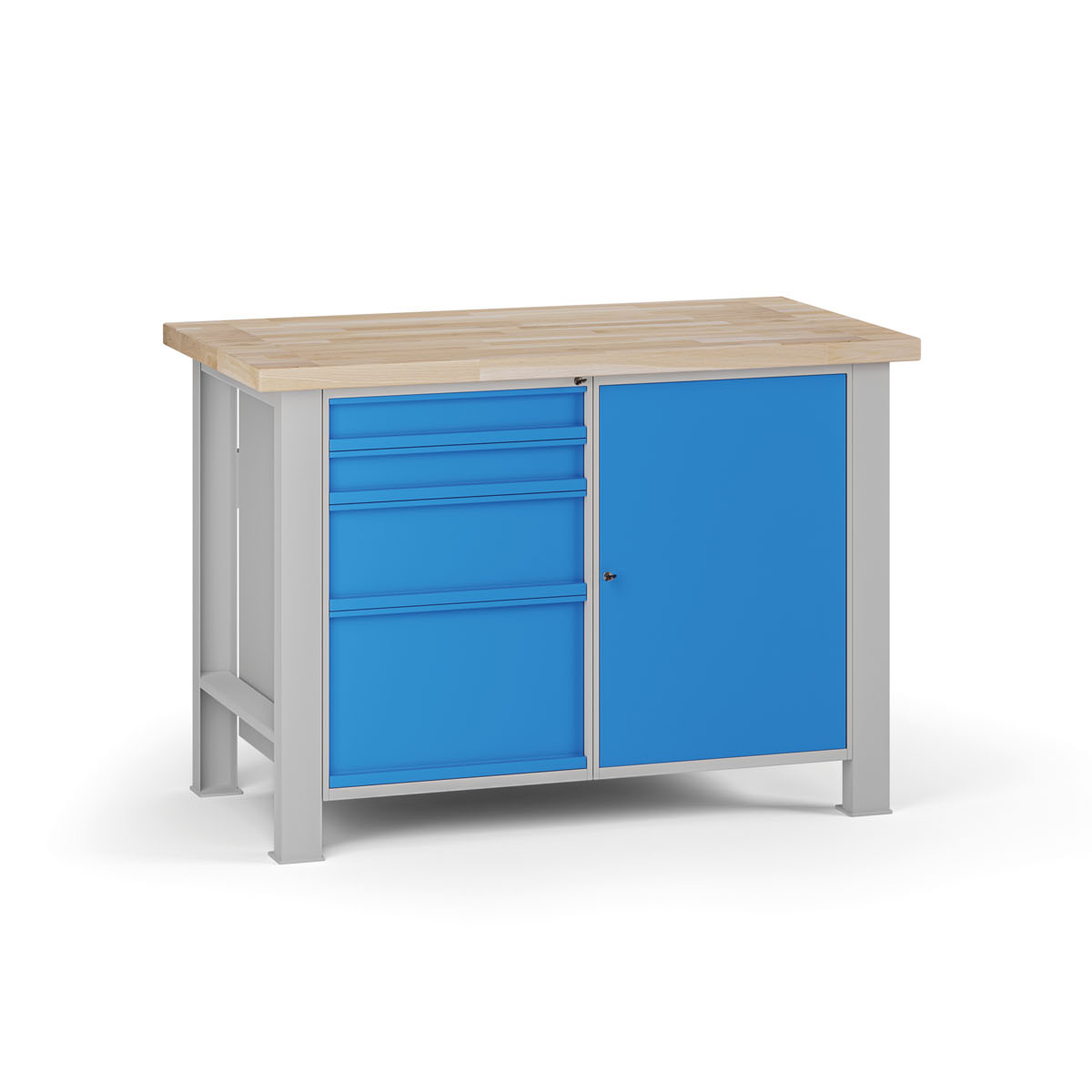 Fotografia produktu: Dielenský pracovný stôl G7, buková škárovka, 1200 x 685 x 840 mm, 1x skrinka, 4 zásuvky, modrá