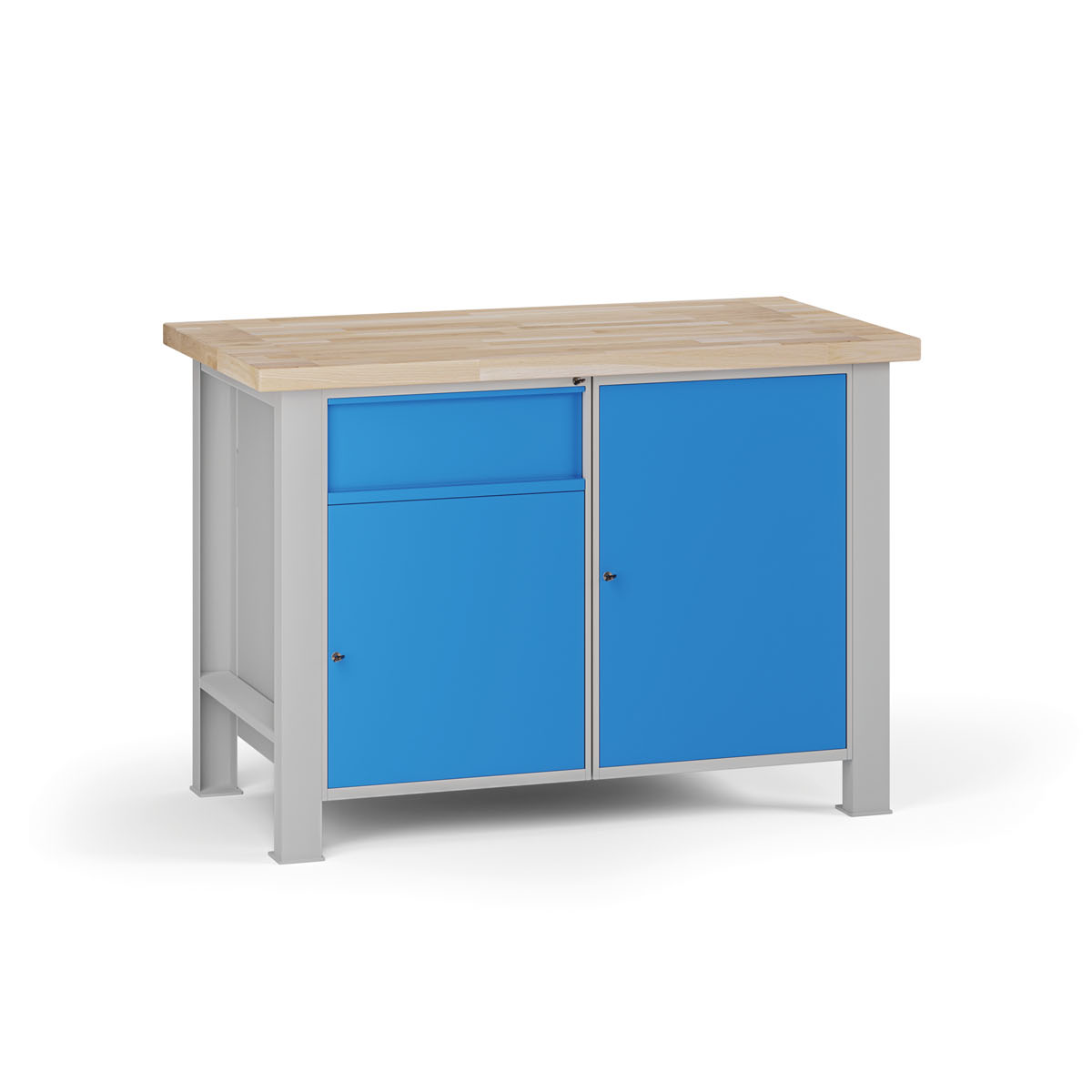 Fotografia produktu: Dielenský pracovný stôl G7, buková škárovka, 1200 x 685 x 840 mm, 2x skrinka, 1 zásuvka, modrá