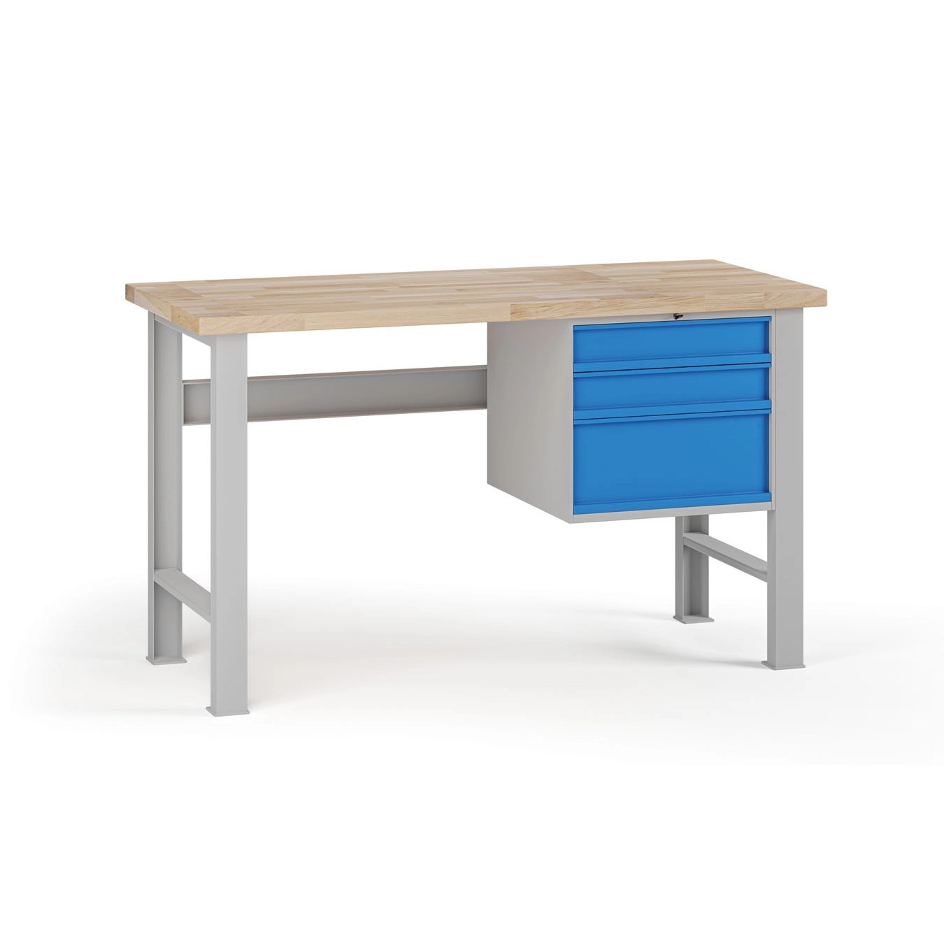 Fotografia produktu: Dielenský pracovný stôl G7, buková škárovka, 1500 x 800 x 840 mm, 1x kontajner, 3 zásuvky, modrá