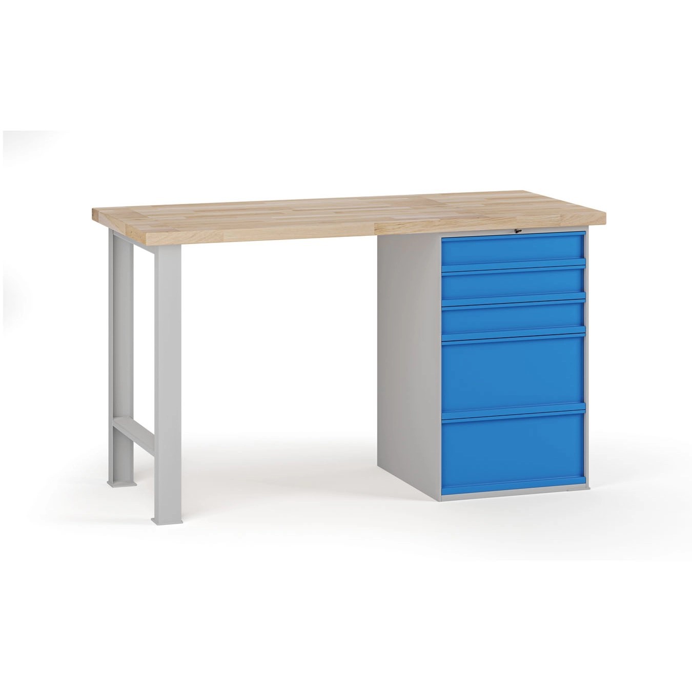 Fotografia produktu: Dielenský pracovný stôl G7, buková škárovka, 1500 x 800 x 840 mm, 1x kontajner, 5 zásuviek, modrá