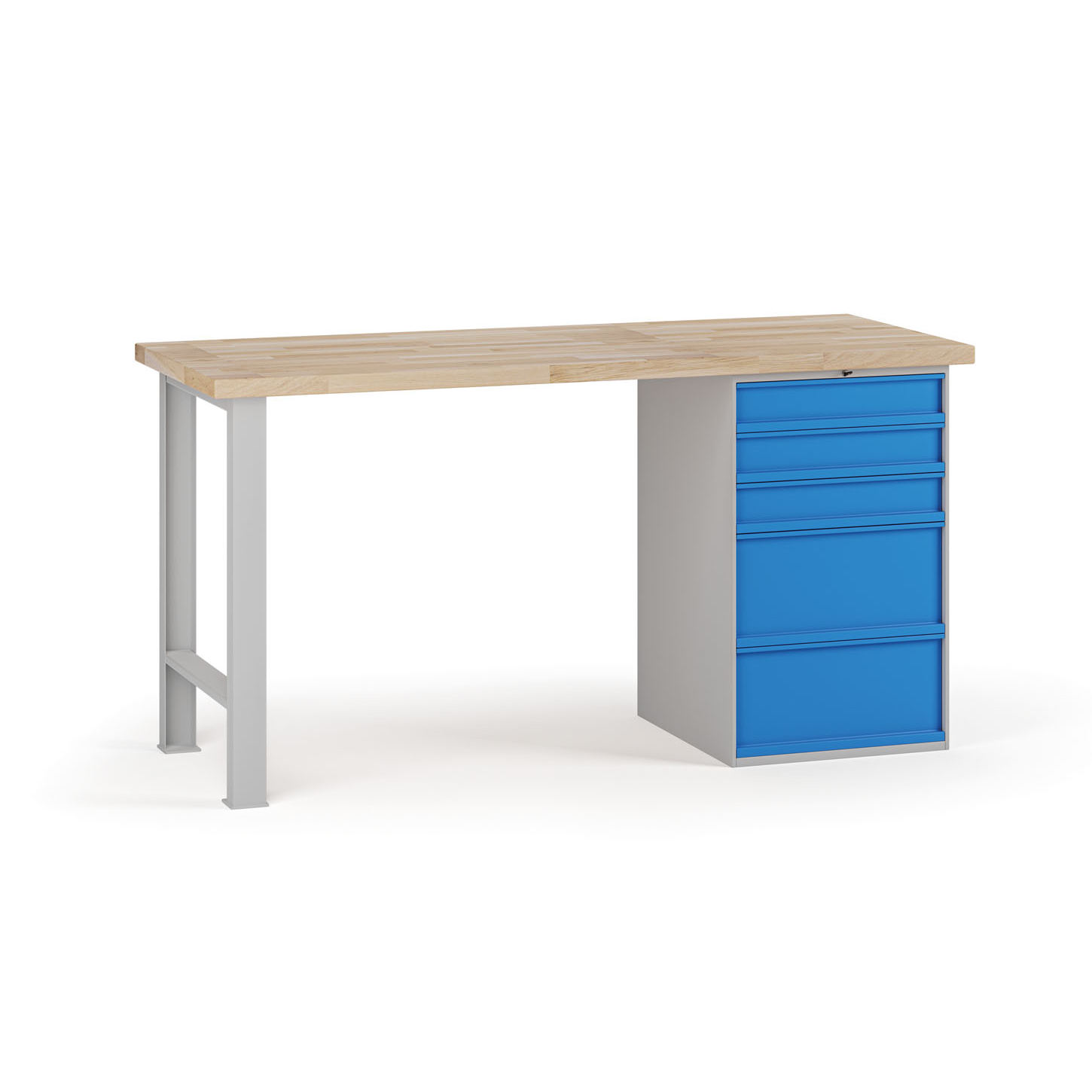 Fotografia produktu: Dielenský pracovný stôl G7, buková škárovka, 1700 x 685 x 840 mm, 1x kontajner, 5 zásuviek, modrá