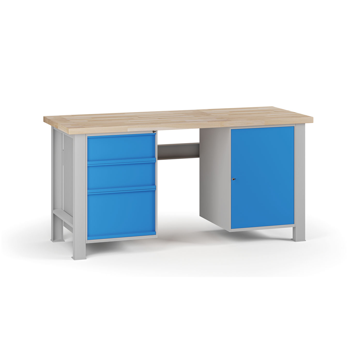 Fotografia produktu: Dielenský pracovný stôl G7, buková škárovka, 1700 x 685 x 840 mm, 1x skrinka, 3 zásuvky, modrá