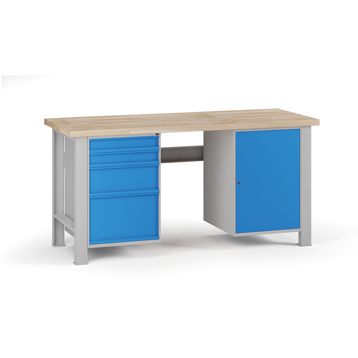 Fotografia produktu: Dielenský pracovný stôl G7, buková škárovka, 1700 x 685 x 840 mm, 1x skrinka, 4 zásuvky, modrá