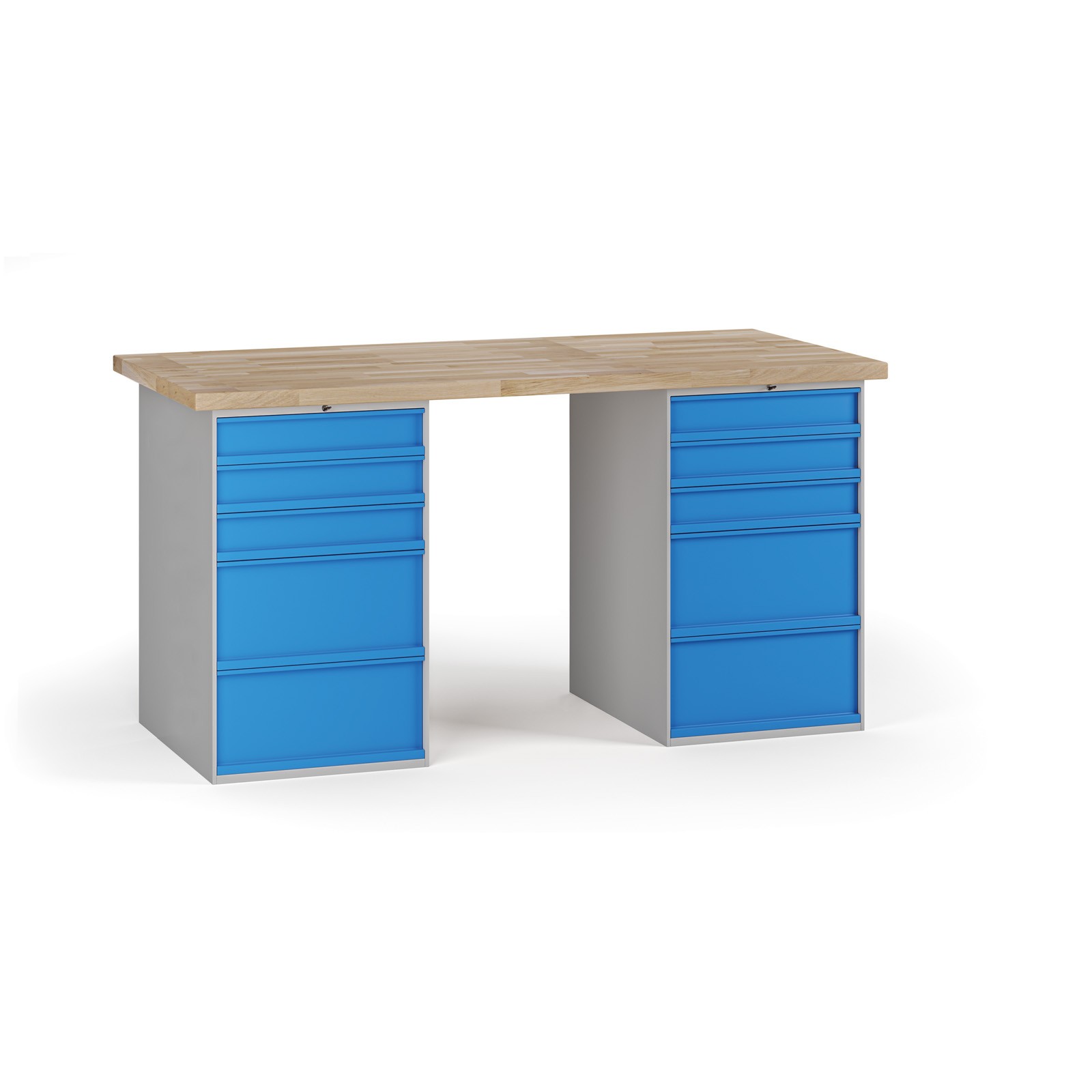 Fotografia produktu: Dielenský pracovný stôl G7, buková škárovka, 1700 x 800 x 840 mm, 2x kontajner, 10 zásuviek, modrá