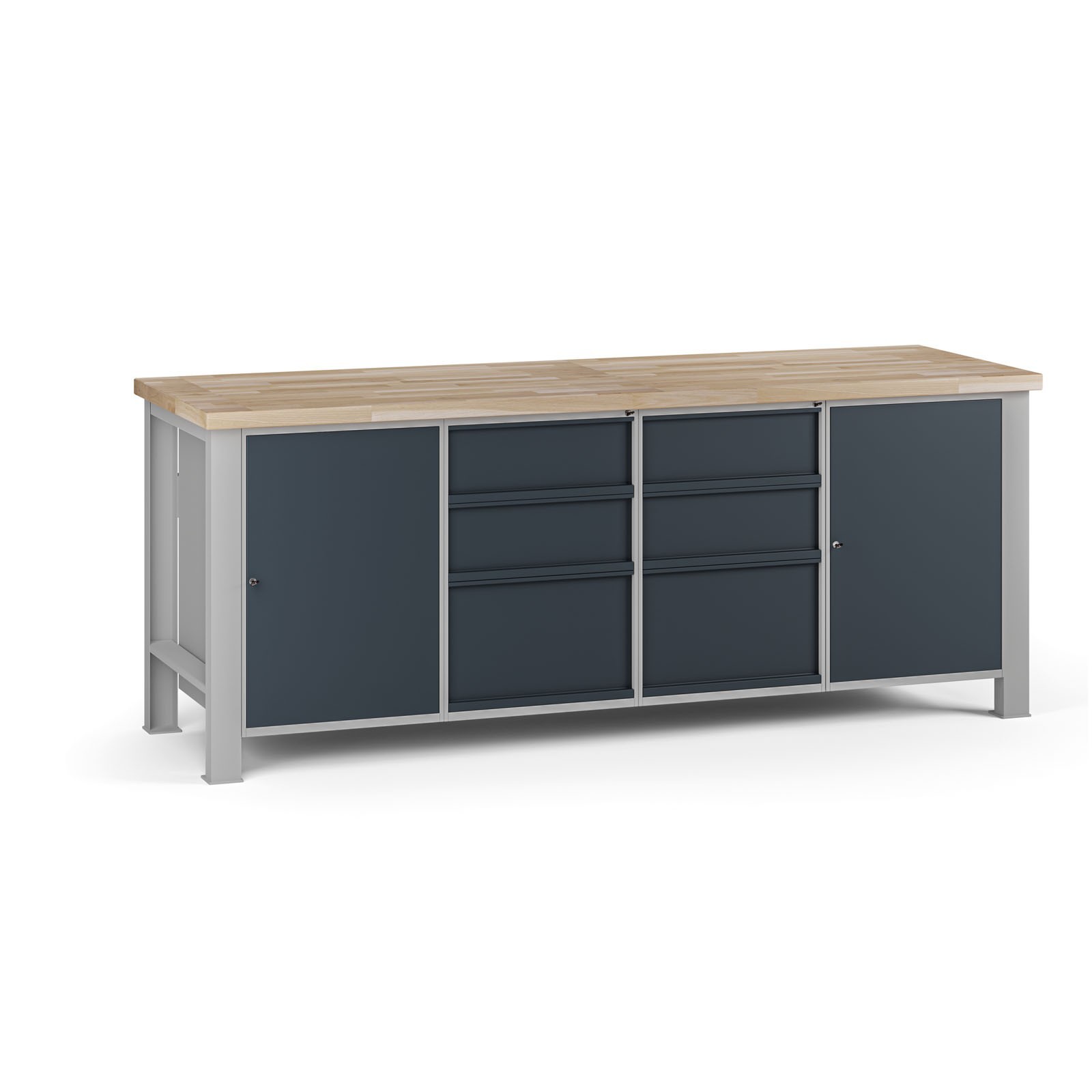 Fotografia produktu: Dielenský pracovný stôl G7, buková škárovka, 2100 x 685 x 840 mm, 2x skrinka, 6 zásuviek, grafit