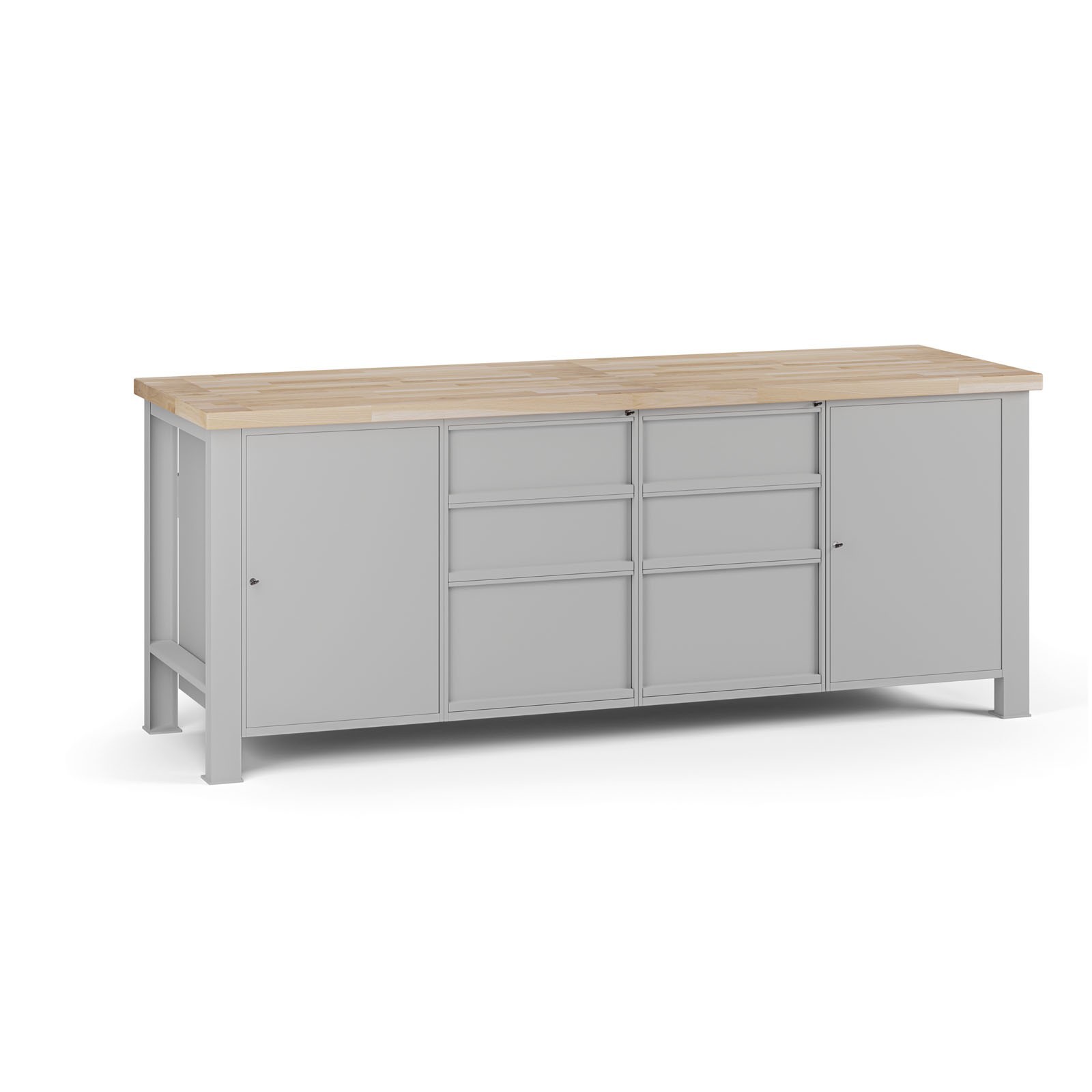 Fotografia produktu: Dielenský pracovný stôl G7, buková škárovka, 2100 x 685 x 840 mm, 2x skrinka, 6 zásuviek, sivá