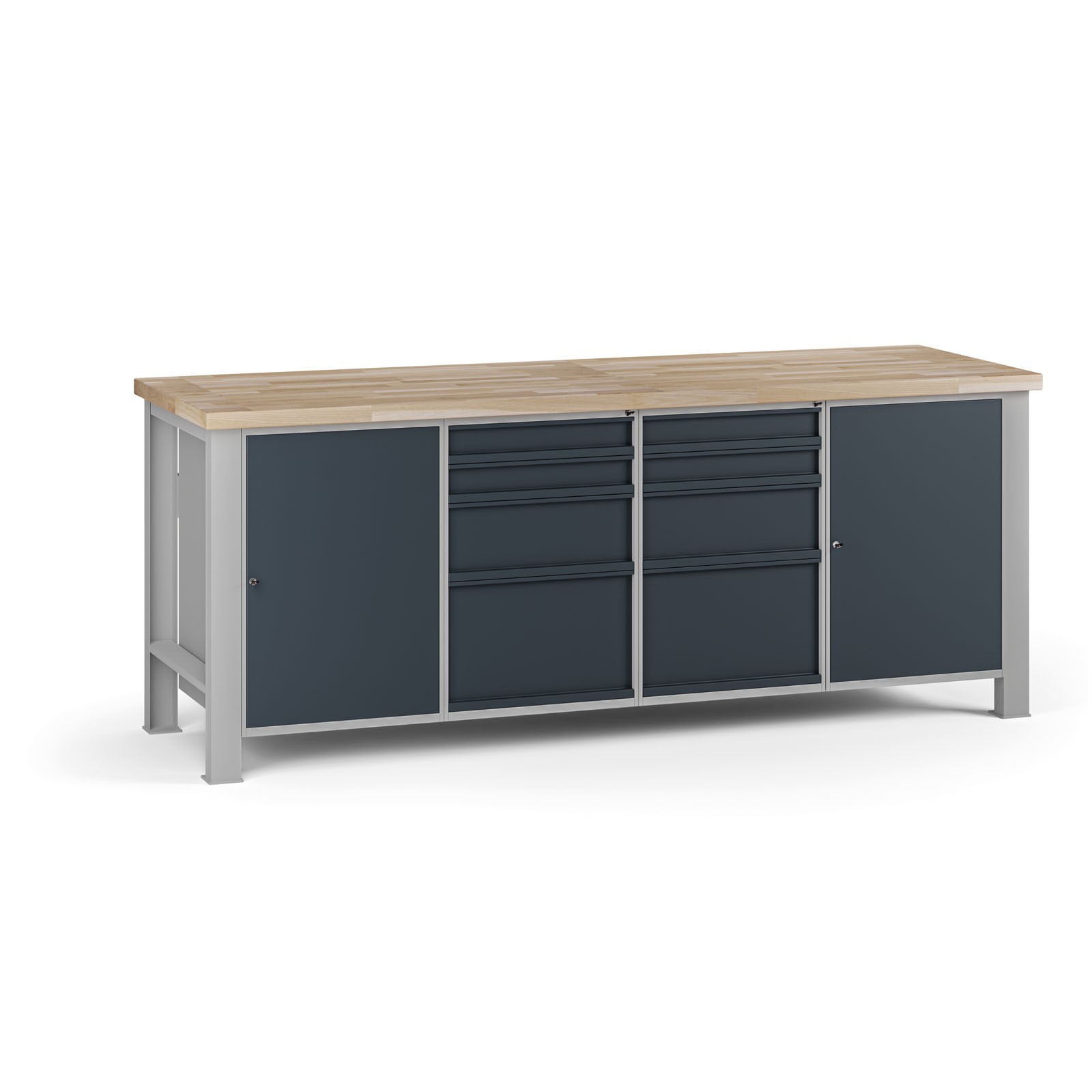 Fotografia produktu: Dielenský pracovný stôl G7, buková škárovka, 2100 x 685 x 840 mm, 2x skrinka, 8 zásuviek, grafit