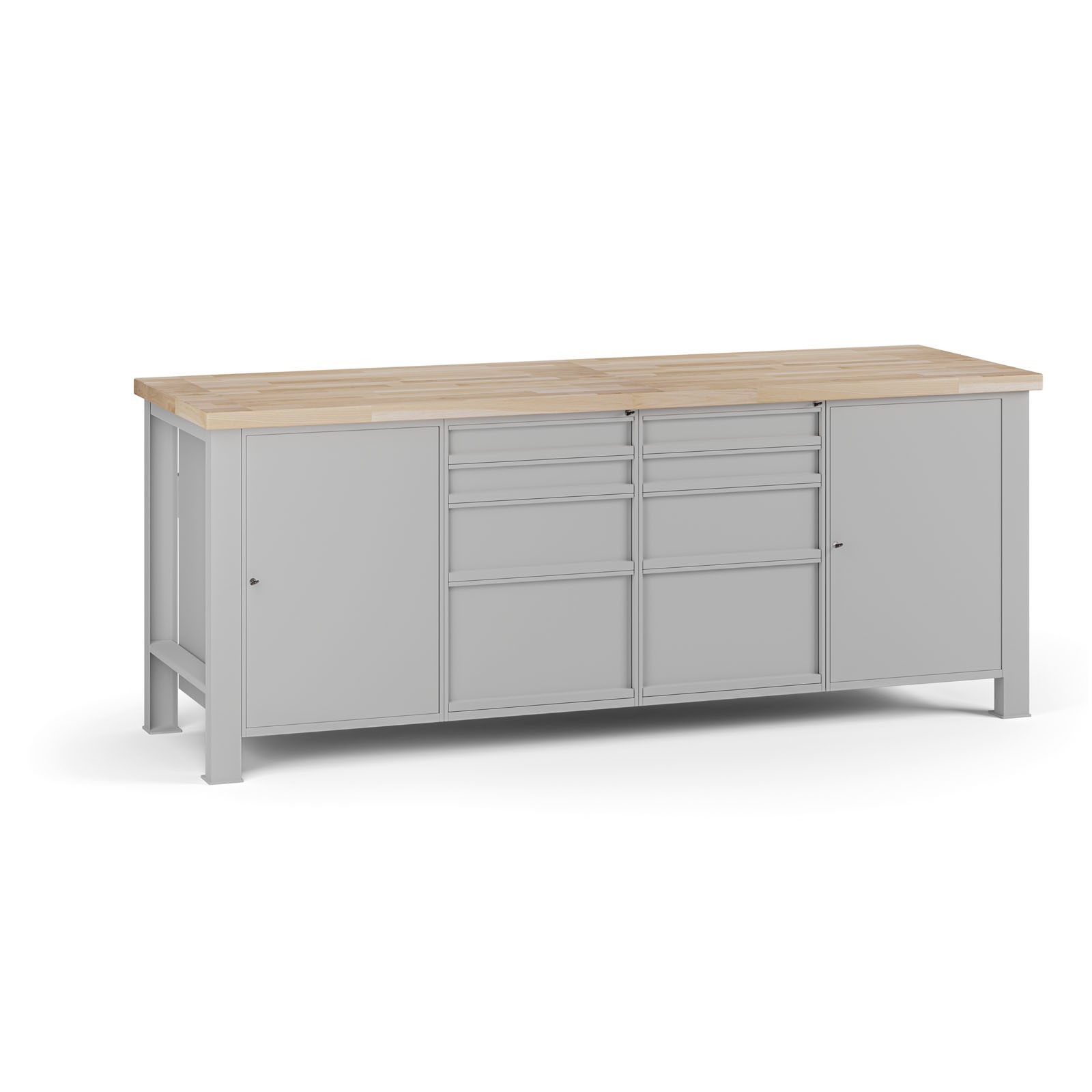 Fotografia produktu: Dielenský pracovný stôl G7, buková škárovka, 2100 x 685 x 840 mm, 2x skrinka, 8 zásuviek, sivá