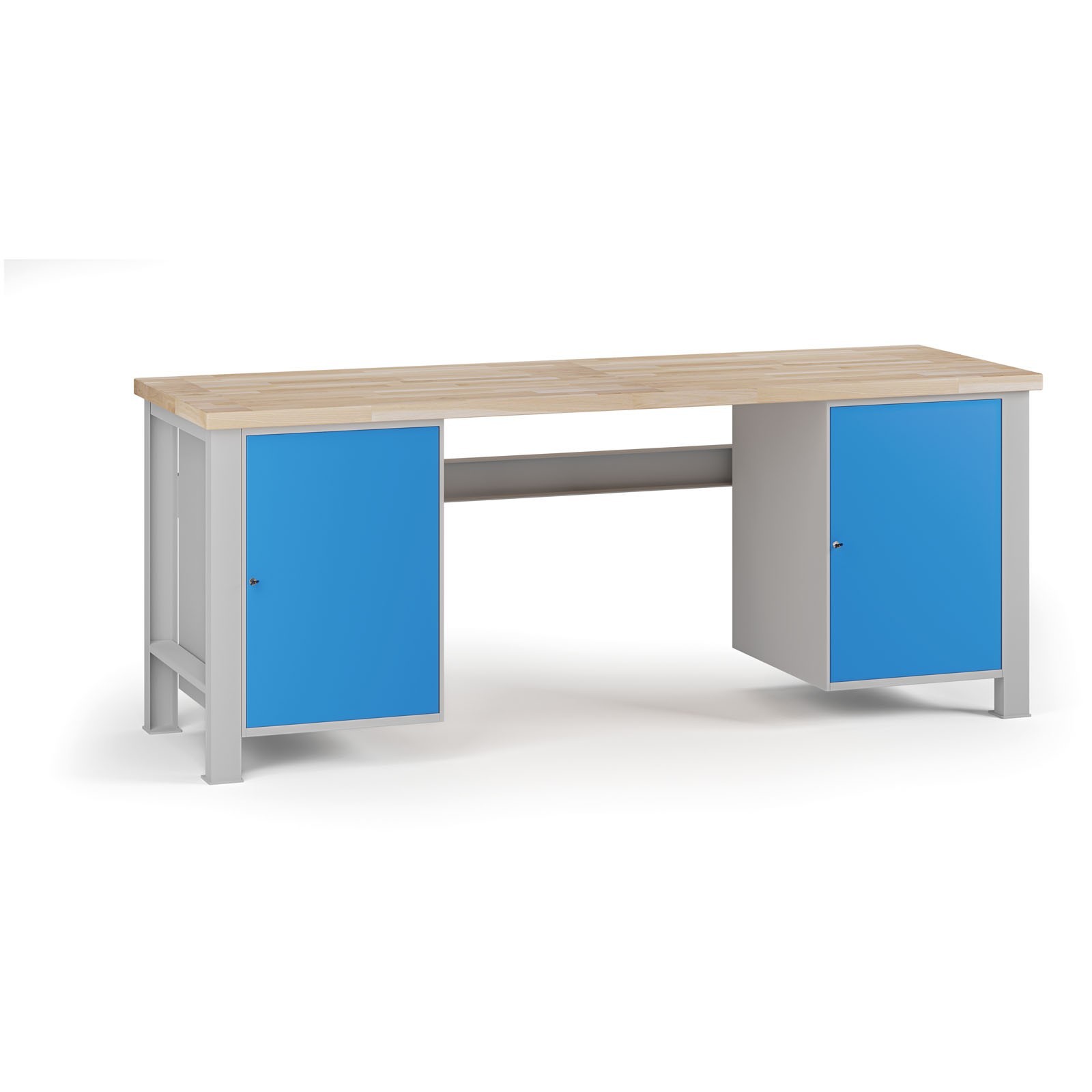Fotografia produktu: Dielenský pracovný stôl G7, buková škárovka, 2100 x 685 x 840 mm, 2x skrinka, modrá