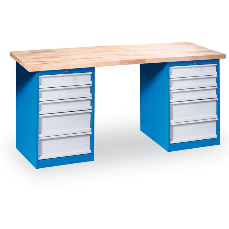 Fotografia produktu: Dielenský pracovný stôl GD s 2 zásuvkovými dielenskými boxami na náradie, buková škárovka, 10 zásuviek, 2000 x 800 x 850 mm, modrá