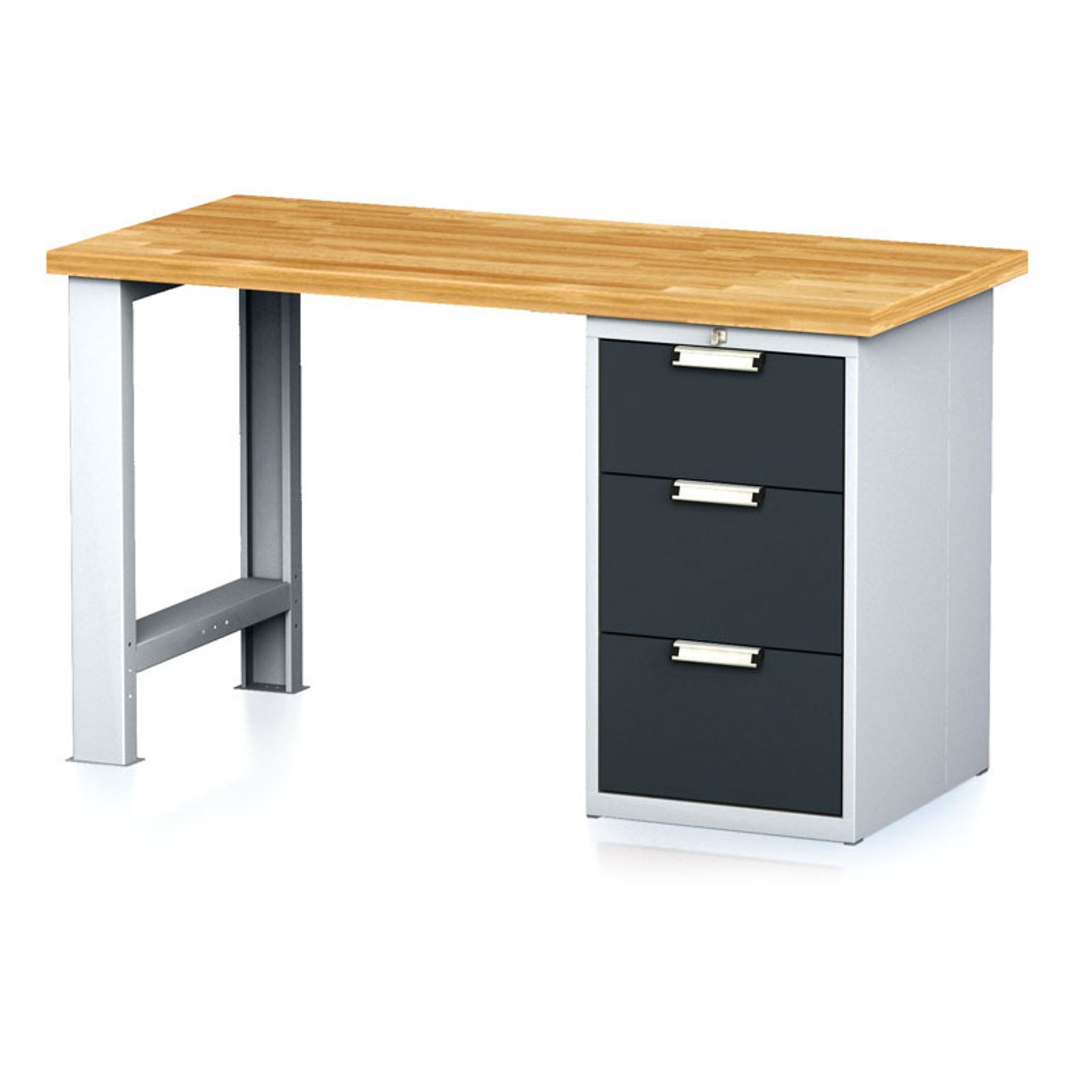 Dielenský pracovný stôl MECHANIC I, pevná noha + dielenský box na náradie, 3 zásuvky, 1500 x 685 x 880 mm, antracitové dvere
