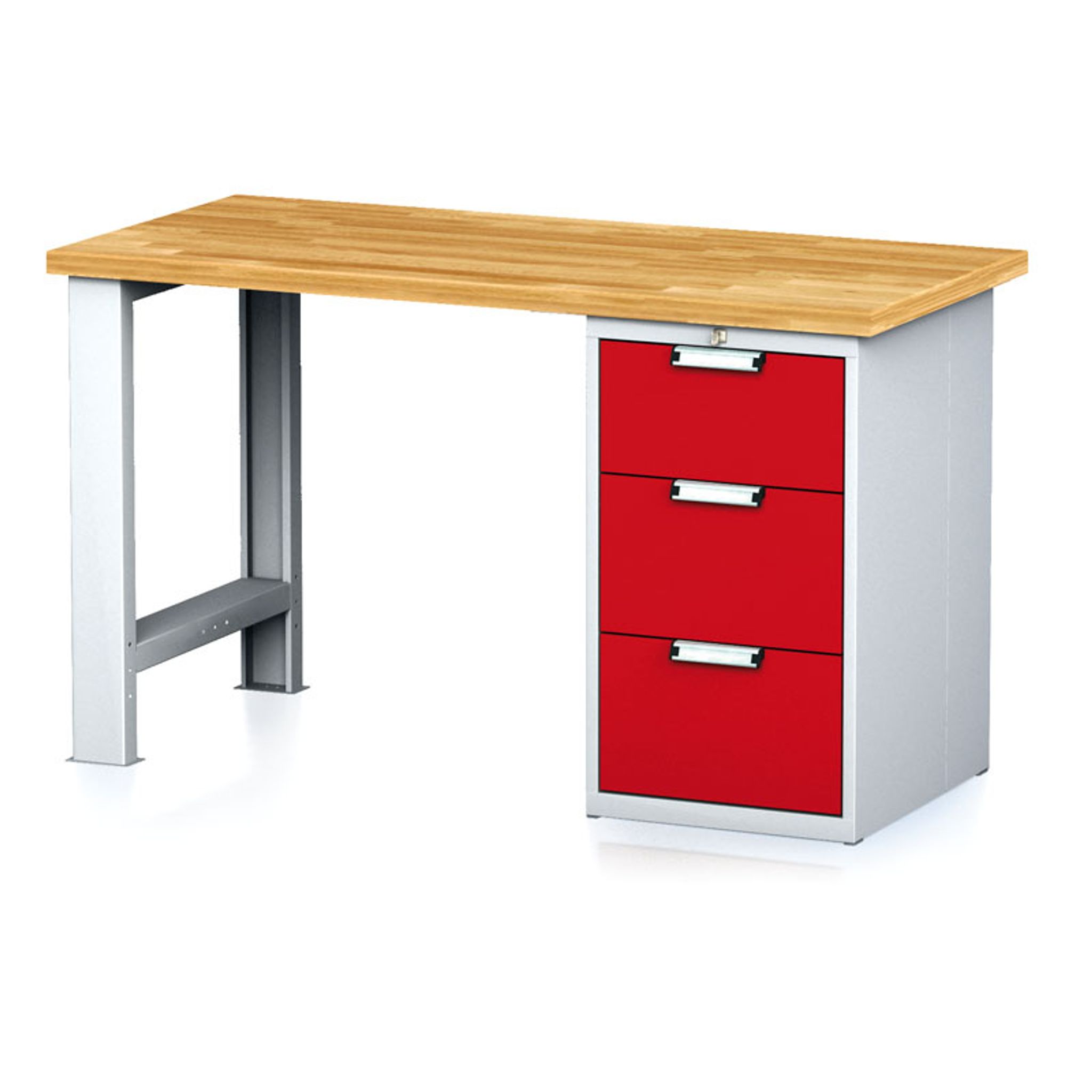 Dielenský pracovný stôl MECHANIC I, pevná noha + dielenský box na náradie, 3 zásuvky, 1500 x 685 x 880 mm, červené dvere