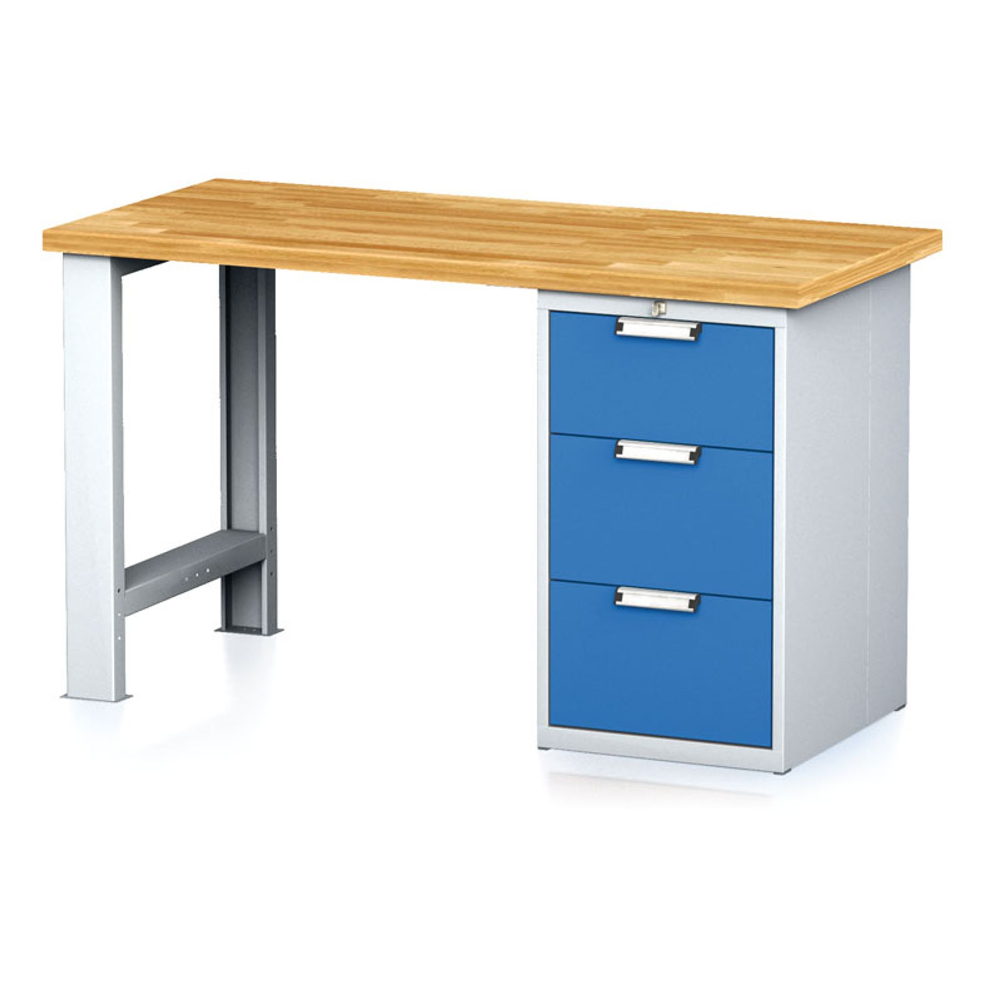 Dielenský pracovný stôl MECHANIC I, pevná noha + dielenský box na náradie, 3 zásuvky, 1500 x 685 x 880 mm, modré dvere