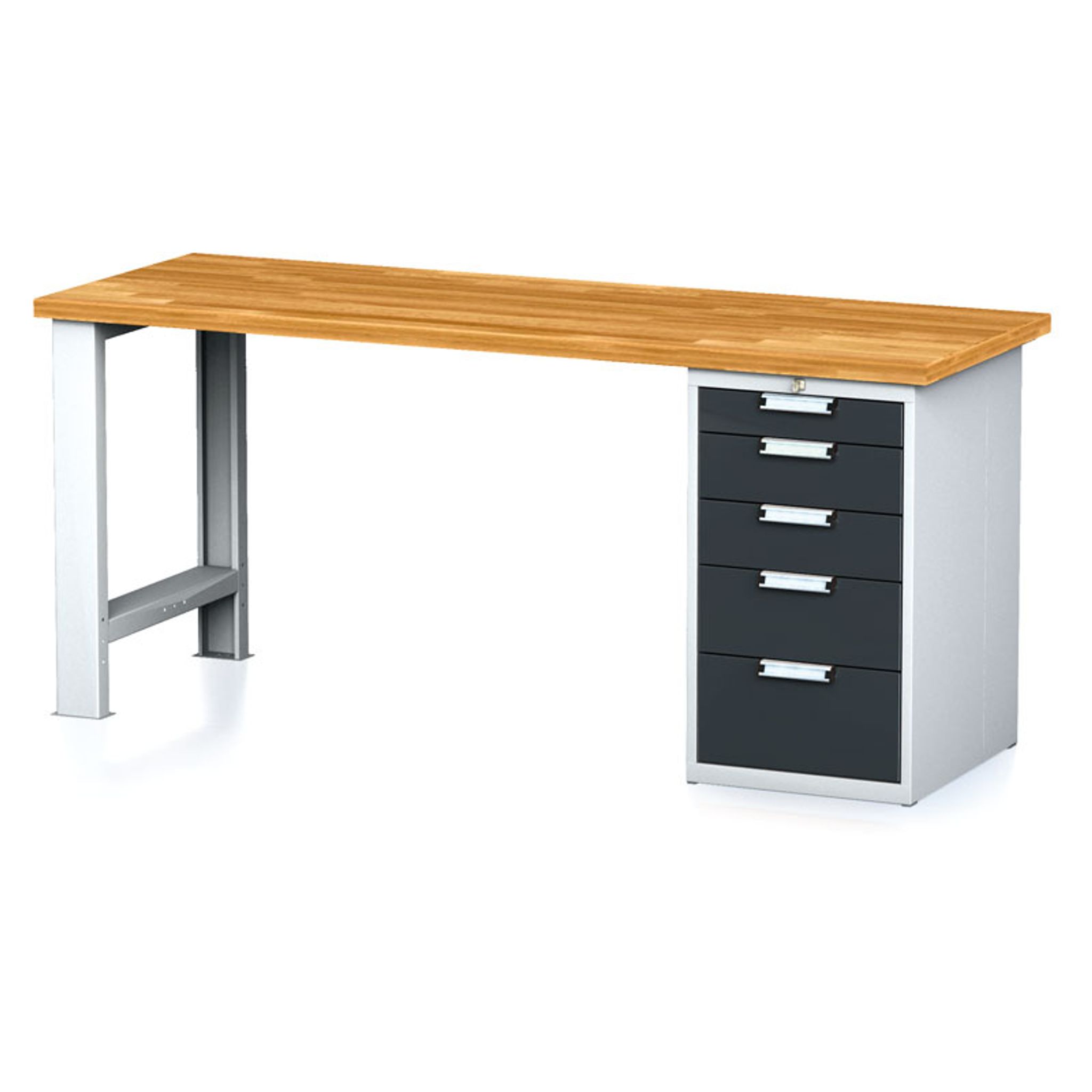 Dielenský pracovný stôl MECHANIC I, pevná noha + dielenský box na náradie, 5 zásuviek, 2000 x 700 x 880 mm, antracitové dvere