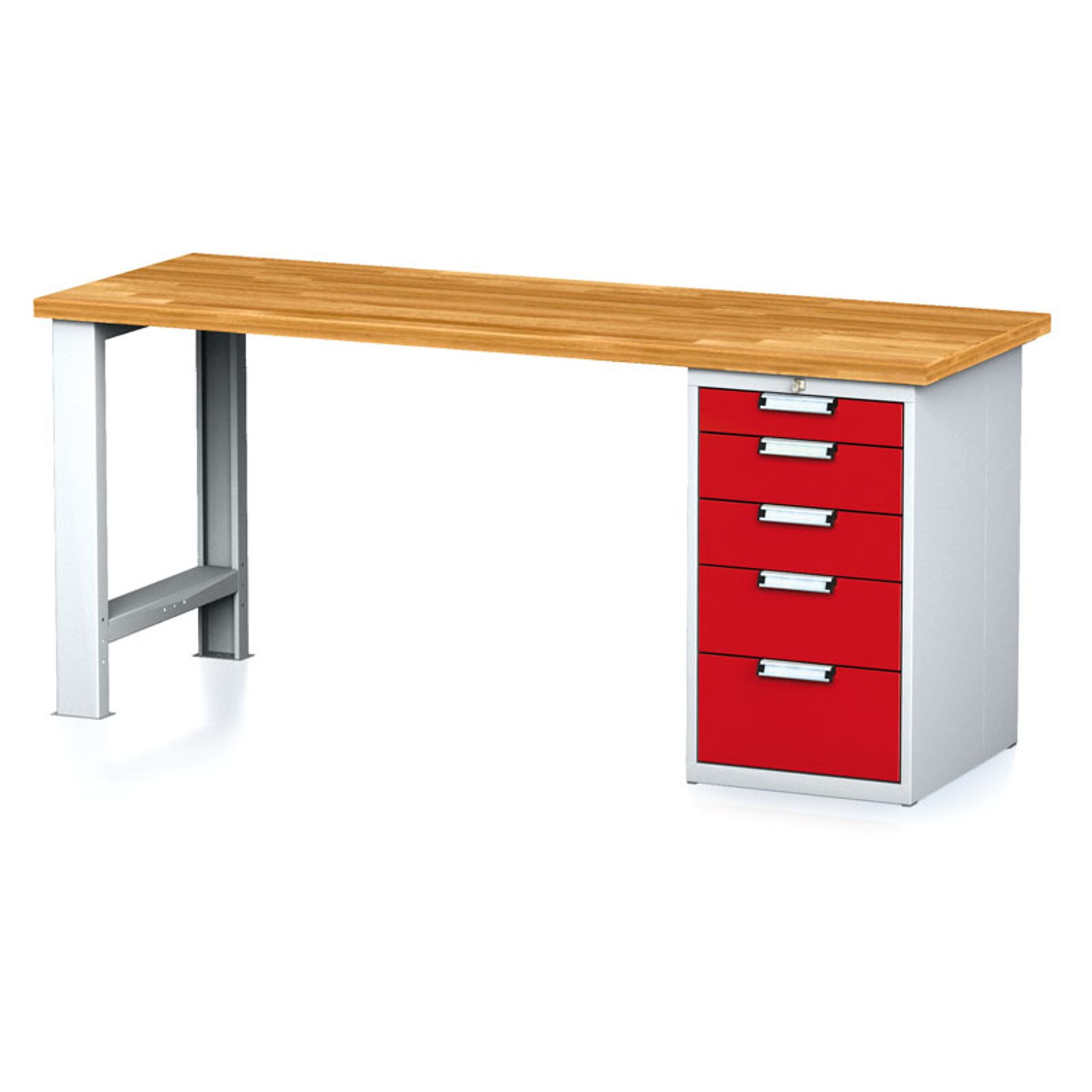 Dielenský pracovný stôl MECHANIC I, pevná noha + dielenský box na náradie, 5 zásuviek, 2000 x 700 x 880 mm, červené dvere