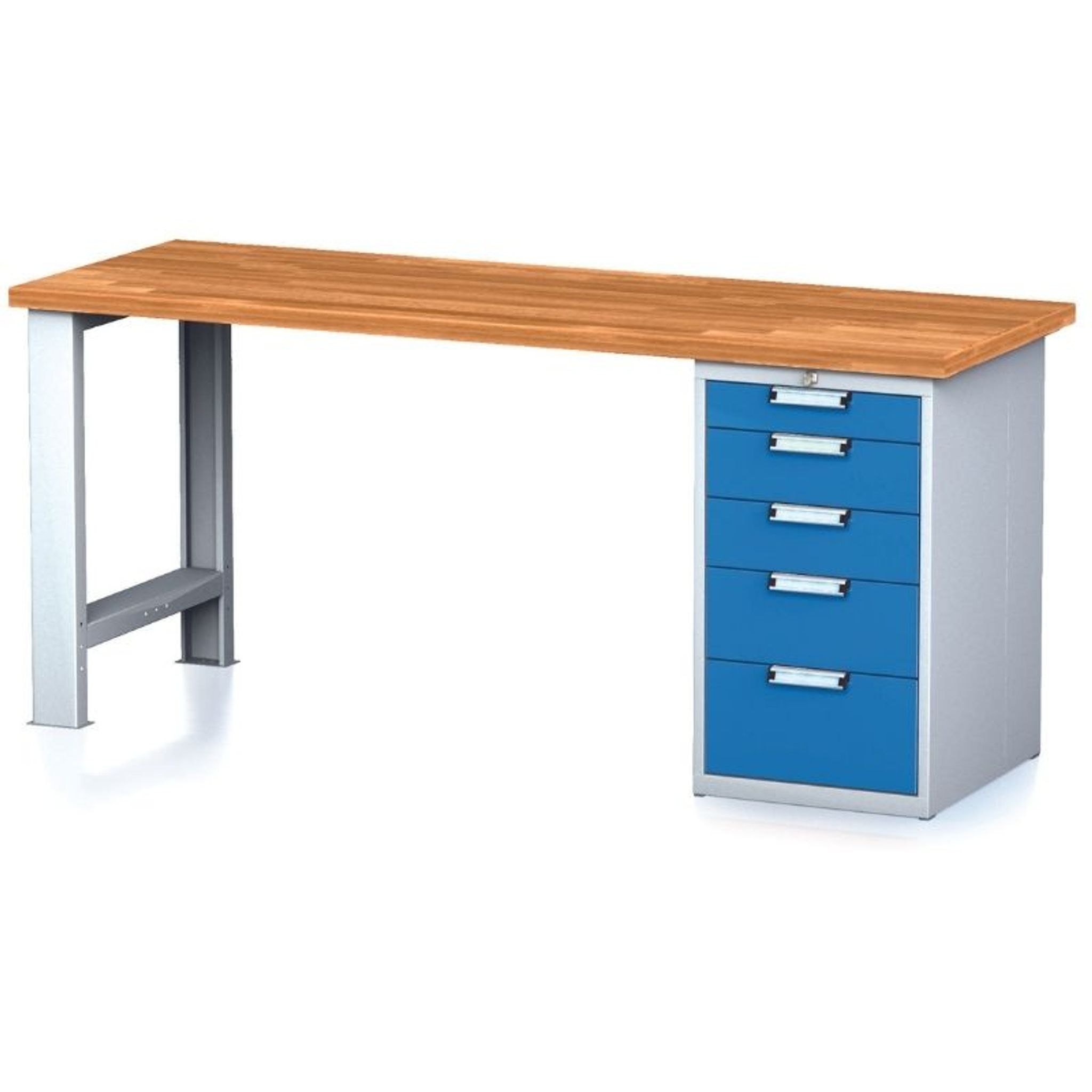 Dielenský pracovný stôl MECHANIC I, pevná noha + dielenský box na náradie, 5 zásuviek, 2000 x 700 x 880 mm, modré dvere