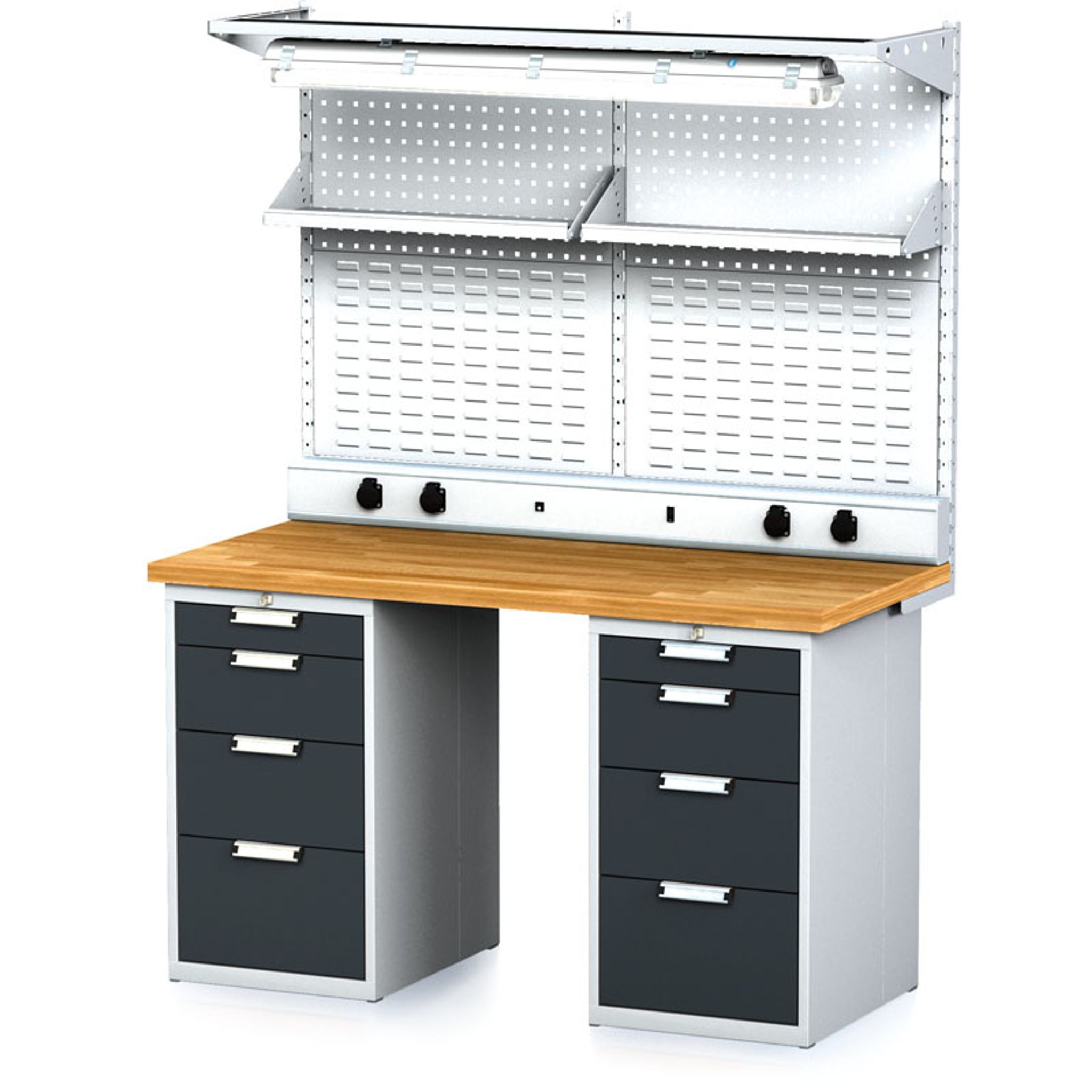 Dielenský stôl MECHANIC I + 2x závesný box, nadstavba, polica, el. zásuvky a osvetlenie, 8 zásuviek, 1500x685x880 mm, antracitové dvere