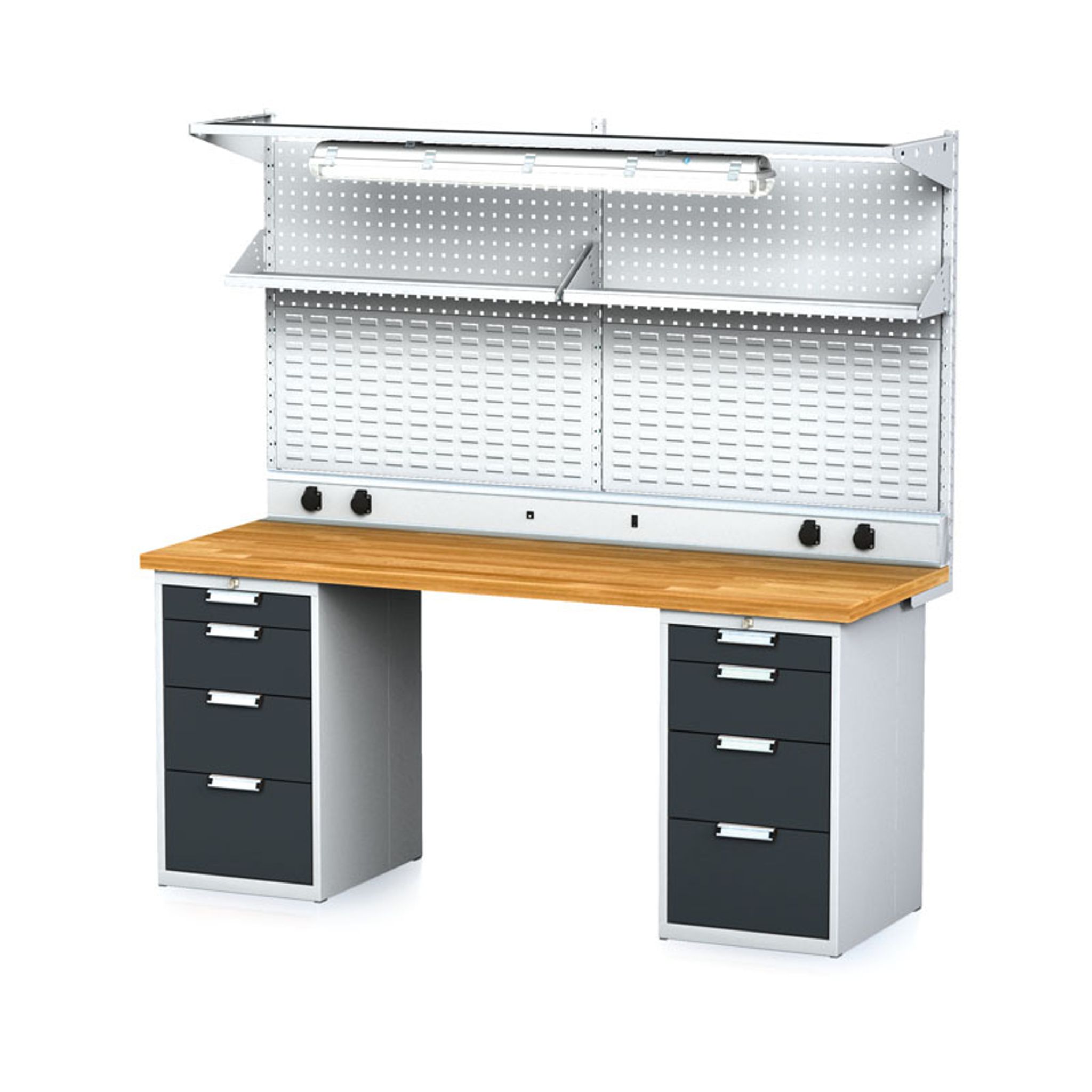Dielenský stôl MECHANIC I + 2x závesný box, nadstavba, polica, el. zásuvky a osvetlenie, 8 zásuviek, 2000x685x880 mm, antracitové dvere