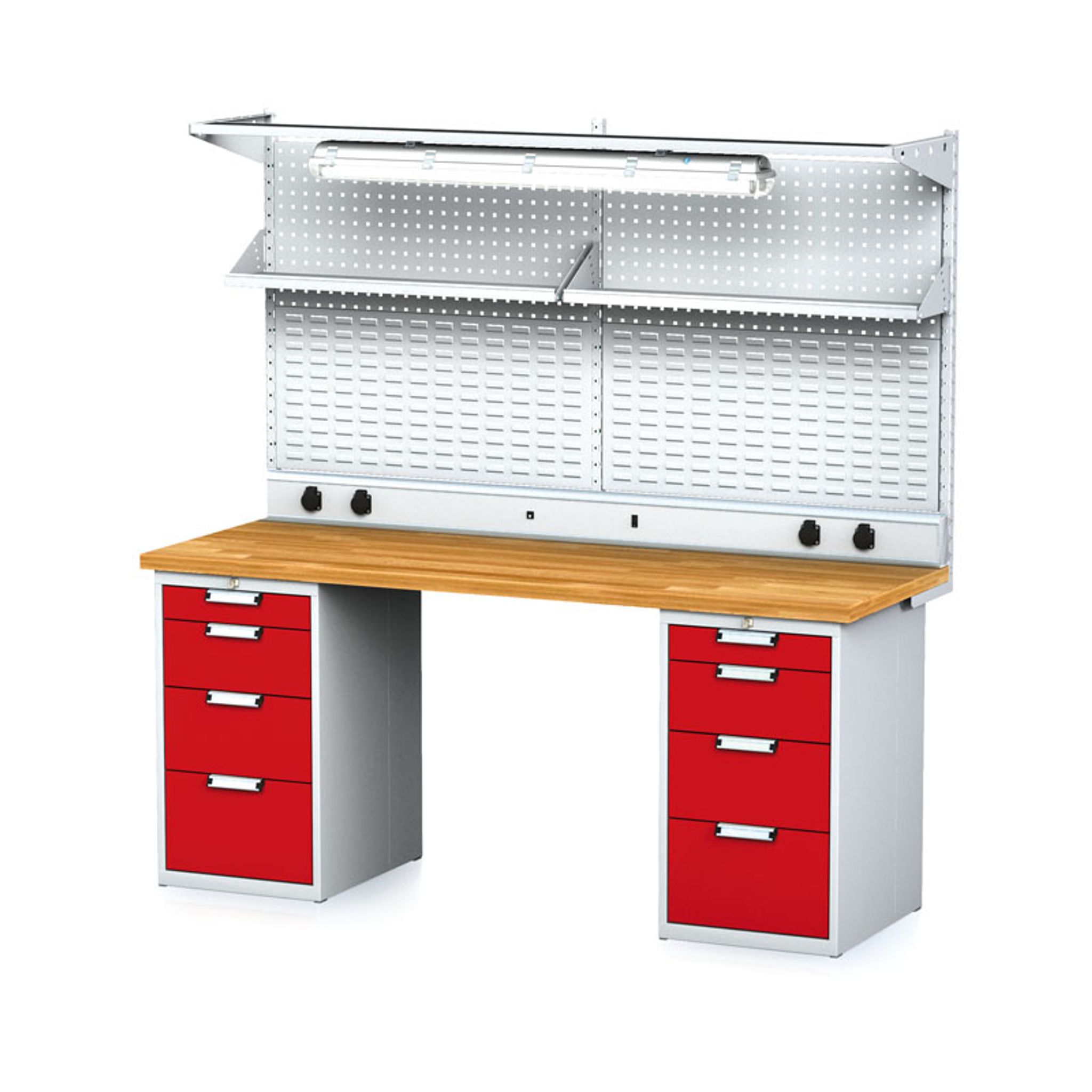 Dielenský stôl MECHANIC I + 2x závesný box, nadstavba, polica, el. zásuvky a osvetlenie , 8 zásuviek, 2000x685x880 mm, červené dvere