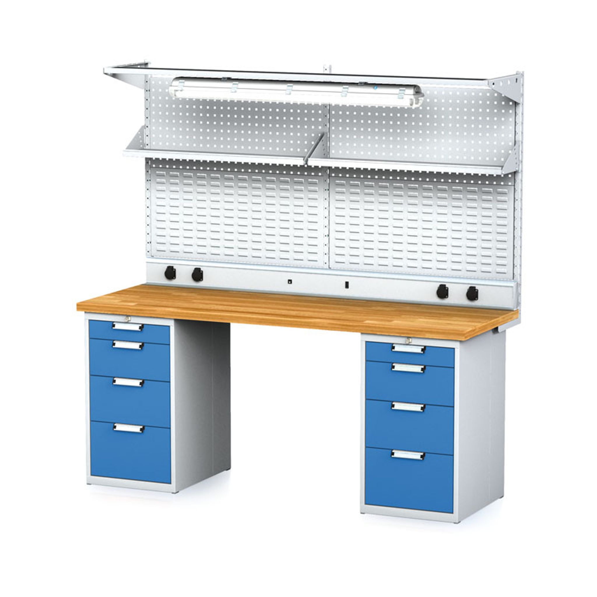 Dielenský stôl MECHANIC I + 2x závesný box, nadstavba, polica, el. zásuvky a osvetlenie , 8 zásuviek, 2000x685x880 mm, modré dvere