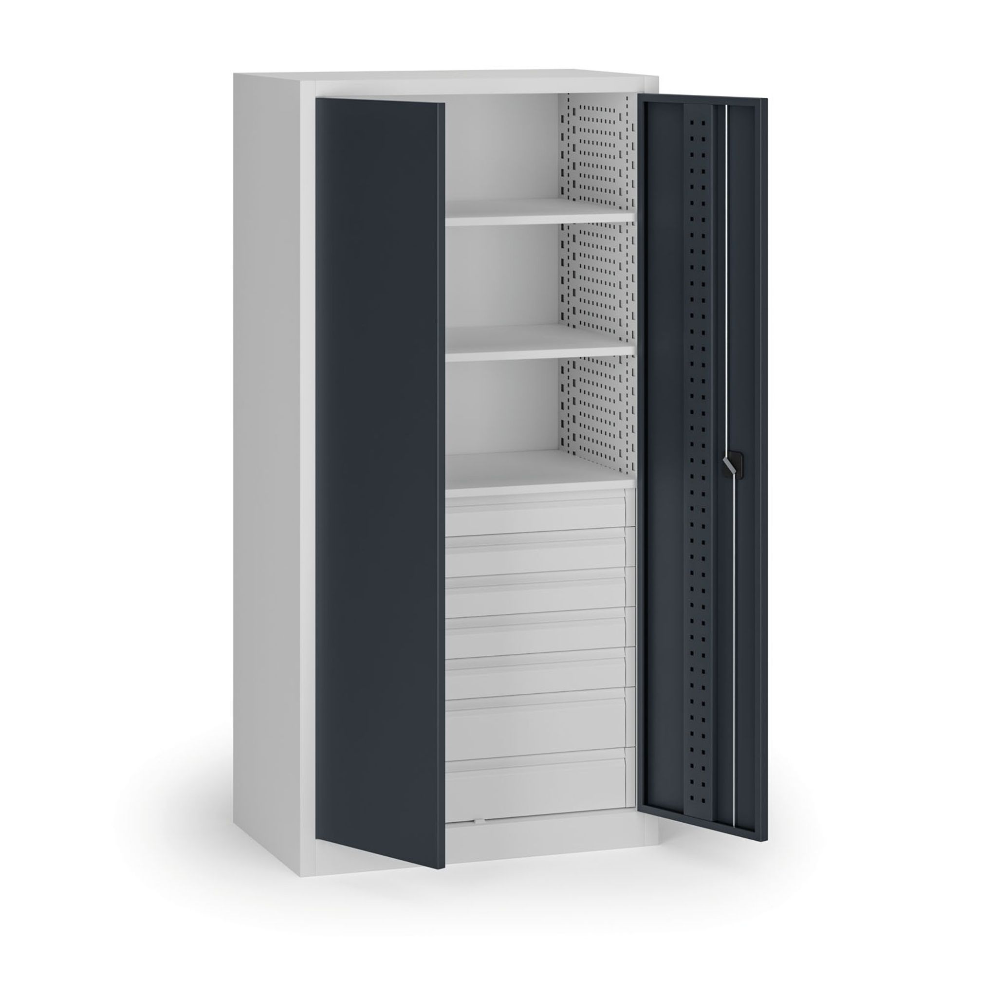 Dílenská zásuvková skříň na nářadí KOVOS, 3 police, 7 zásuvek, perforovaná, 950 x 600 x 1950 mm, grafit