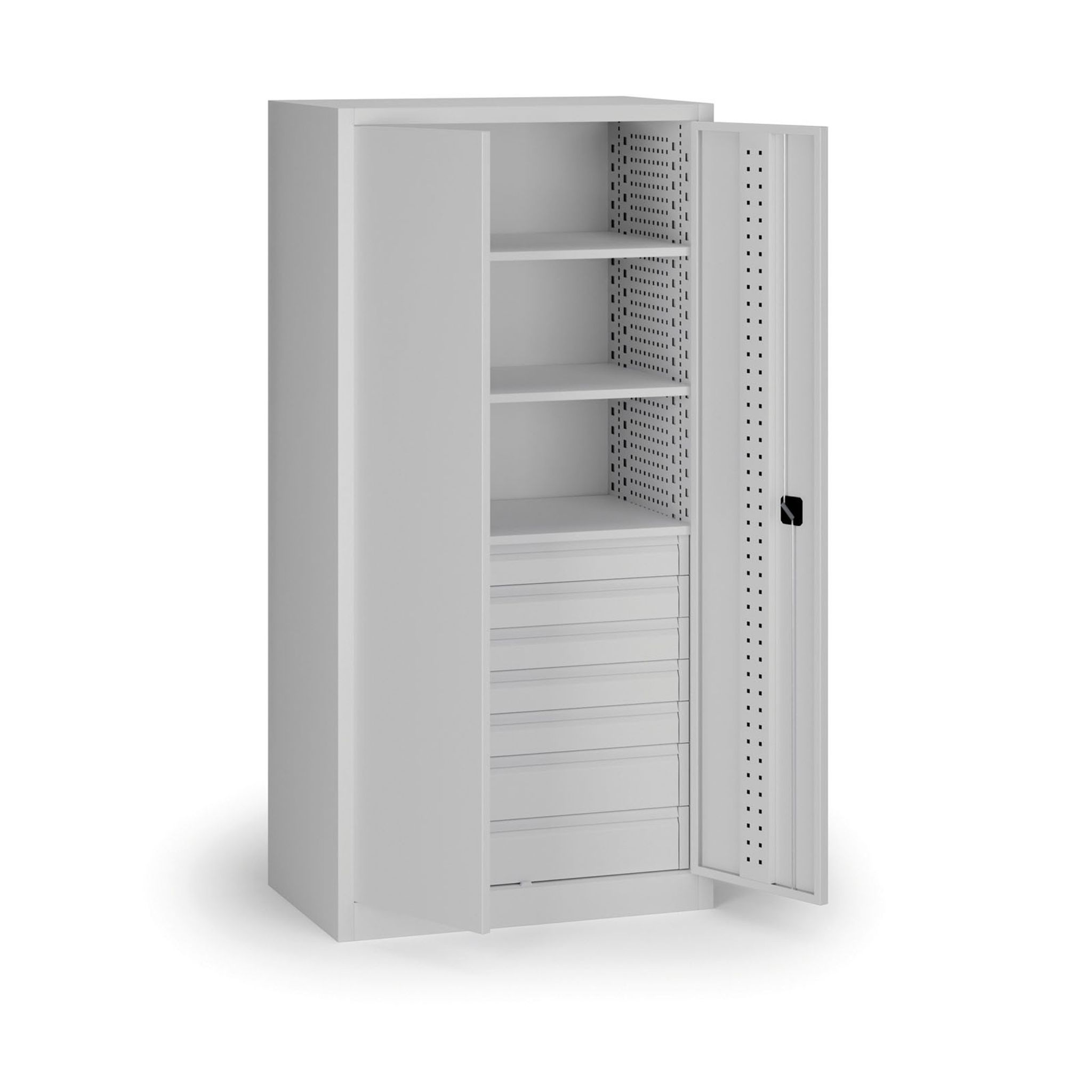 Dílenská zásuvková skříň na nářadí KOVOS, 3 police, 7 zásuvek, perforovaná, 950 x 600 x 1950 mm