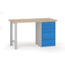 Dílenský pracovní stůl G7, buková spárovka, 1500 x 800 x 840 mm, 1x kontejner, 5 zásuvek, modrá
