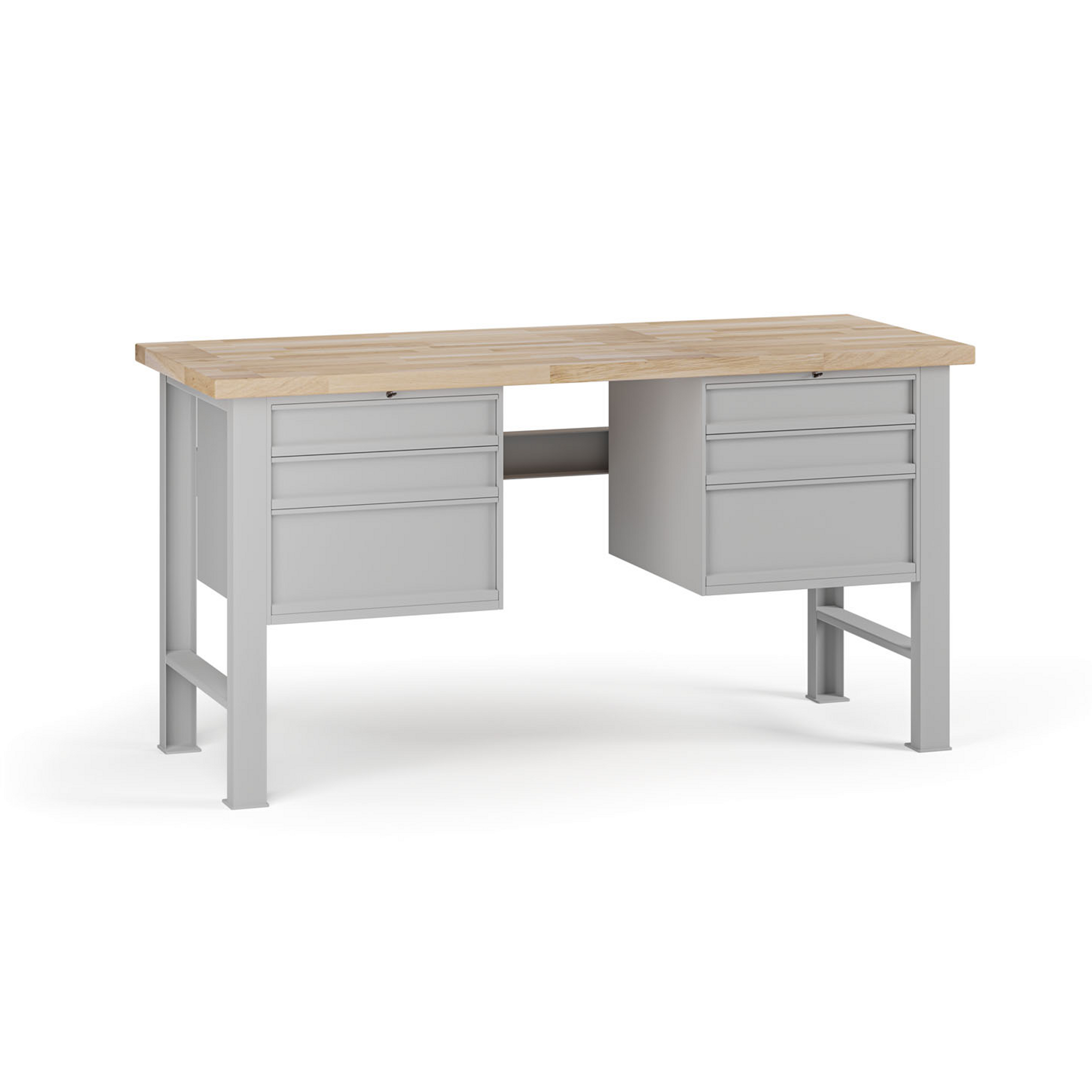Dílenský pracovní stůl G7, buková spárovka, 1700 x 685 x 840 mm, 2x kontejner, 6 zásuvek, šedá
