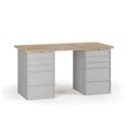 Dílenský pracovní stůl G7, buková spárovka, 1700 x 800 x 840 mm, 2x kontejner, 10 zásuvek, šedá