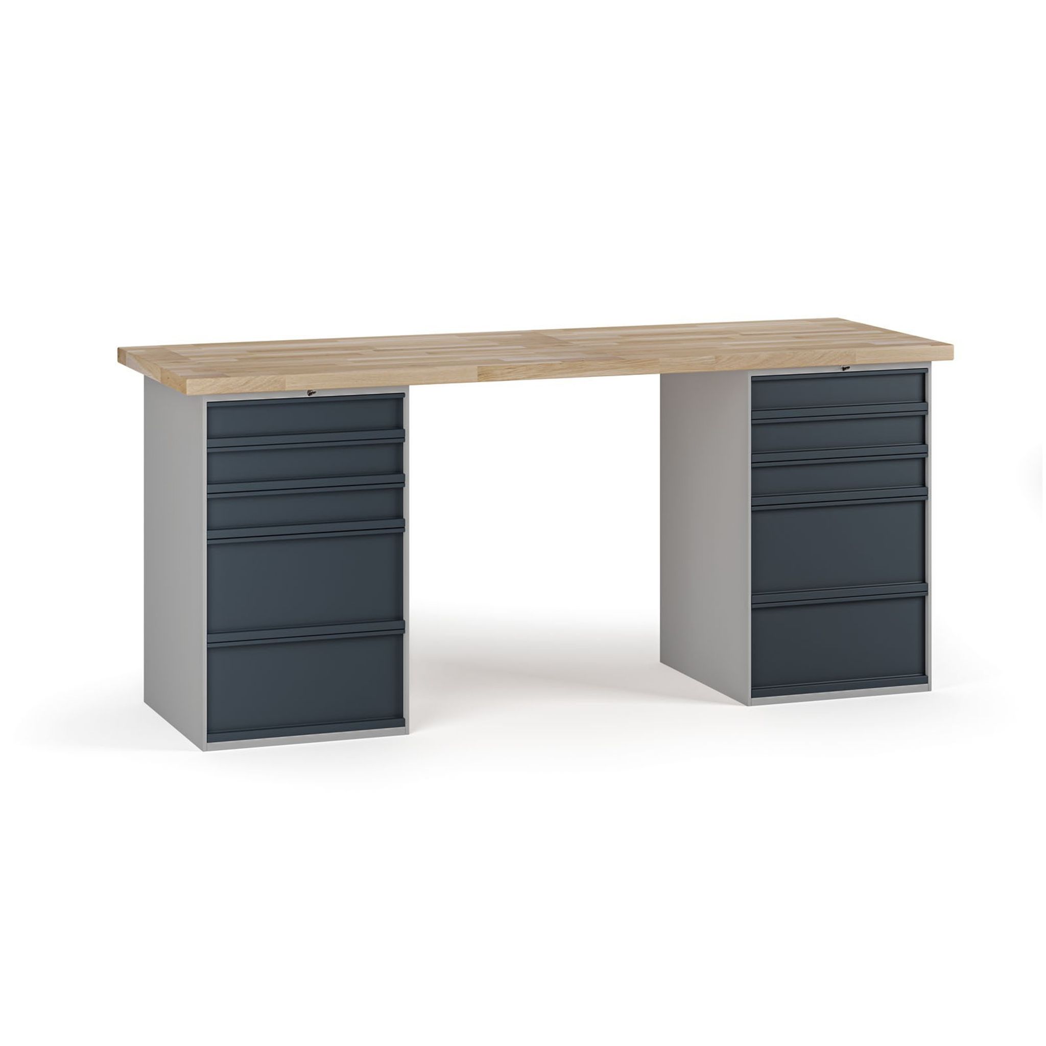 Dílenský pracovní stůl G7, buková spárovka, 2000 x 685 x 840 mm, 2x kontejner, 10 zásuvek, grafit