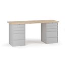 Dílenský pracovní stůl G7, buková spárovka, 2000 x 685 x 840 mm, 2x kontejner, 10 zásuvek, šedá