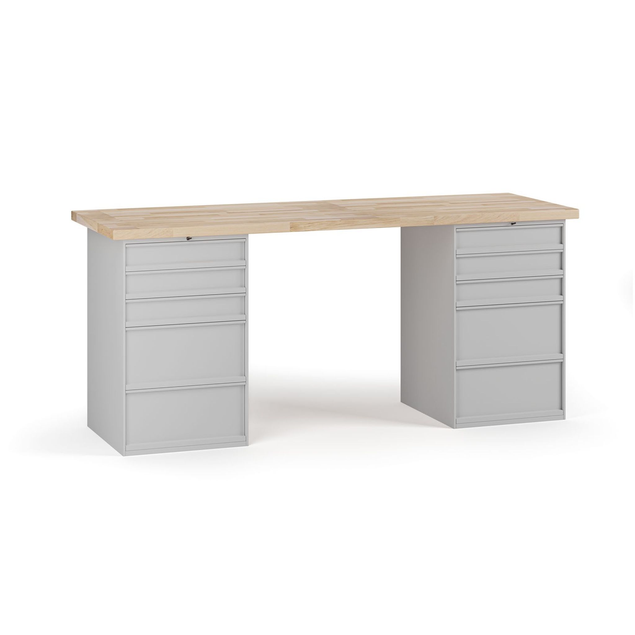 Dílenský pracovní stůl G7, buková spárovka, 2000 x 685 x 840 mm, 2x kontejner, 10 zásuvek, šedá
