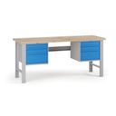 Dílenský pracovní stůl G7, buková spárovka, 2000 x 685 x 840 mm, 2x kontejner, 6 zásuvek, modrá