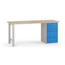 Dílenský pracovní stůl G7, buková spárovka, 2000 x 800 x 840 mm, 1x kontejner, 5 zásuvek, modrá