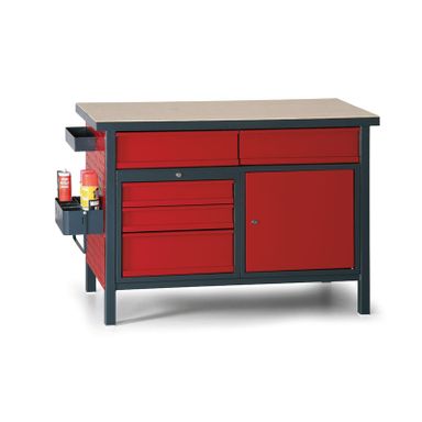 Dílenský pracovní stůl GD, 5 zásuvek, smrk + buková překližka, 5 zásuvek, 1 skříňka, 1190 x 600 x 850 mm, grafit / červená