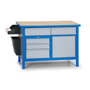 Dílenský pracovní stůl GD, 5 zásuvek, smrk + buková překližka, 5 zásuvek, 1 skříňka, 1190 x 600 x 850 mm, modrá / šedá