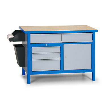 Dílenský pracovní stůl GD, 5 zásuvek, smrk + buková překližka, 5 zásuvek, 1 skříňka, 1190 x 600 x 850 mm, modrá / šedá