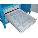 Dílenský pracovní stůl GD, 5 zásuvek, smrk + buková překližka, 5 zásuvek, 1 skříňka, 1190 x 600 x 850 mm, modrá / šedá