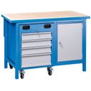 Dílenský pracovní stůl GD s pojízdným boxem na nářadí, 4 zásuvky, 1 skříňka, 1190 x 600 x 850 mm, modrá