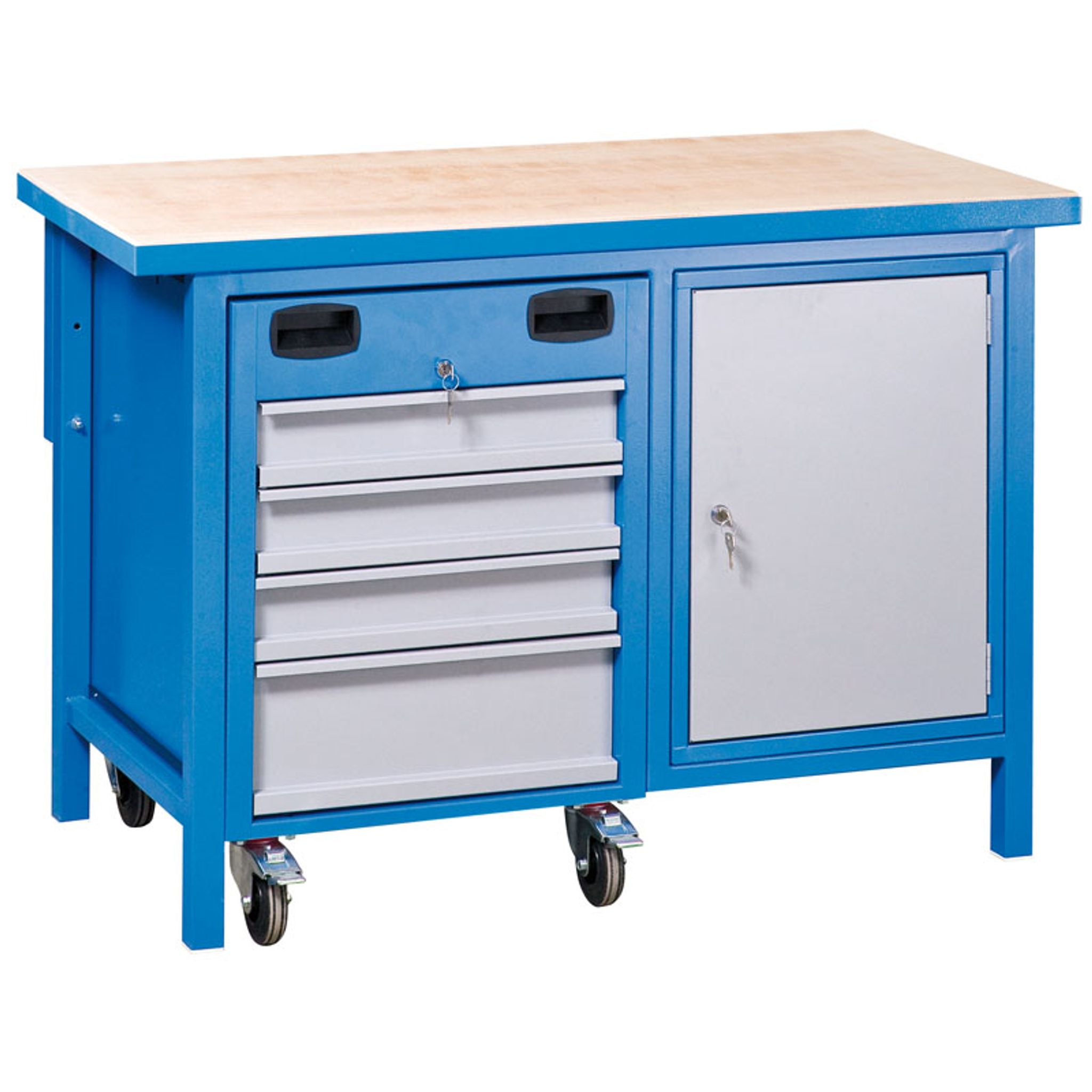 Dílenský pracovní stůl GD s pojízdným boxem na nářadí, 4 zásuvky, 1 skříňka, 1190 x 600 x 850 mm, modrá
