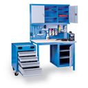 Dílenský pracovní stůl GD s pojízdným boxem na nářadí, 4 zásuvky, 1 skříňka, 1190 x 600 x 850 mm, modrá
