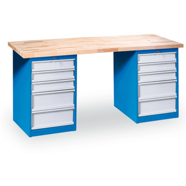 Dílenský pracovní stůl GD se 2 zásuvkovými dílenskými boxy na nářadí, buková spárovka, 10 zásuvek, 2000 x 800 x 850 mm, modrá
