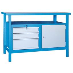 Dílenský pracovní stůl GD, smrk + oboustranně dýhovaná smrková překližka, 3 zásuvky, 1 skříňka, 1190 x 600 x 850 mm, šedá