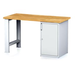 Dílenský pracovní stůl MECHANIC I, pevná noha + dílenská skříňka na nářadí, 1500 x 685 x 880 mm, šedé dveře