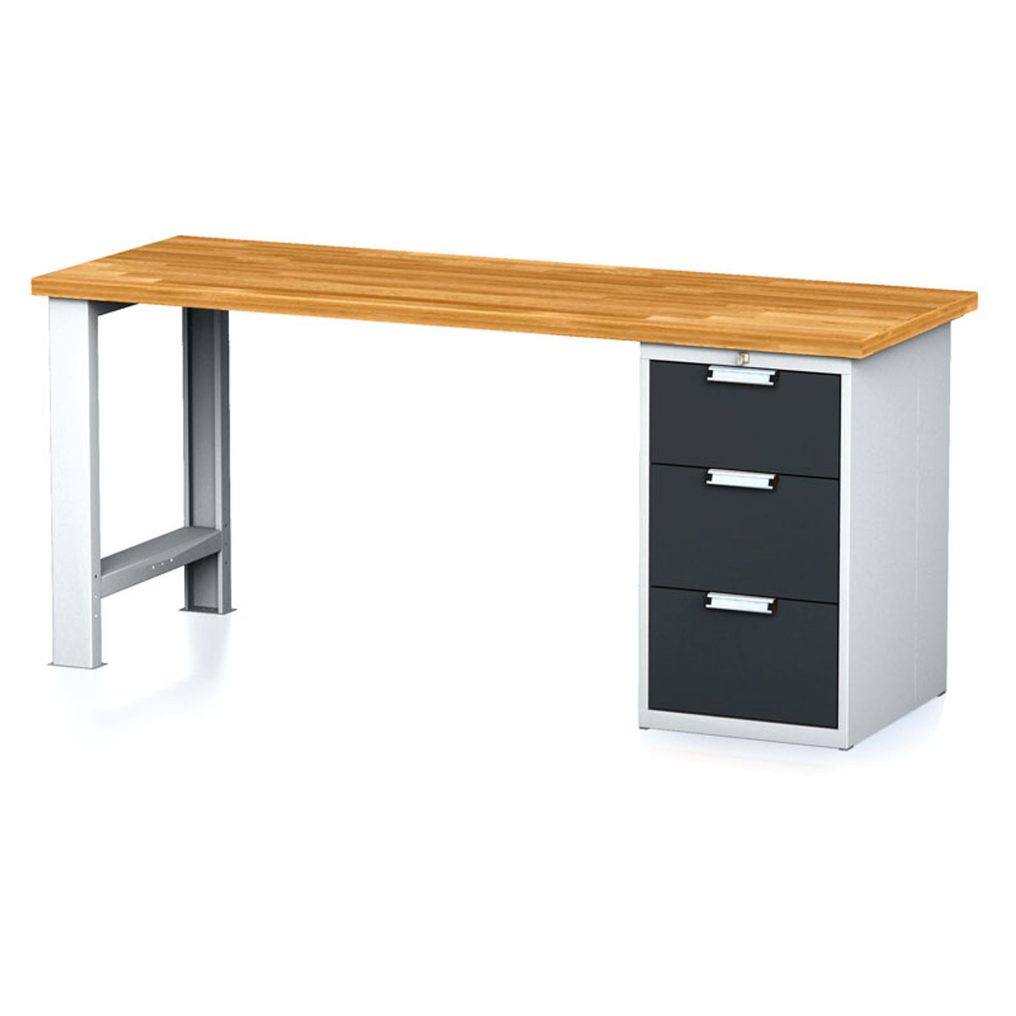 Dílenský pracovní stůl MECHANIC I, pevná noha + dílenský box na nářadí, 3 zásuvky, 2000 x 685 x 880 mm, grafitové dveře