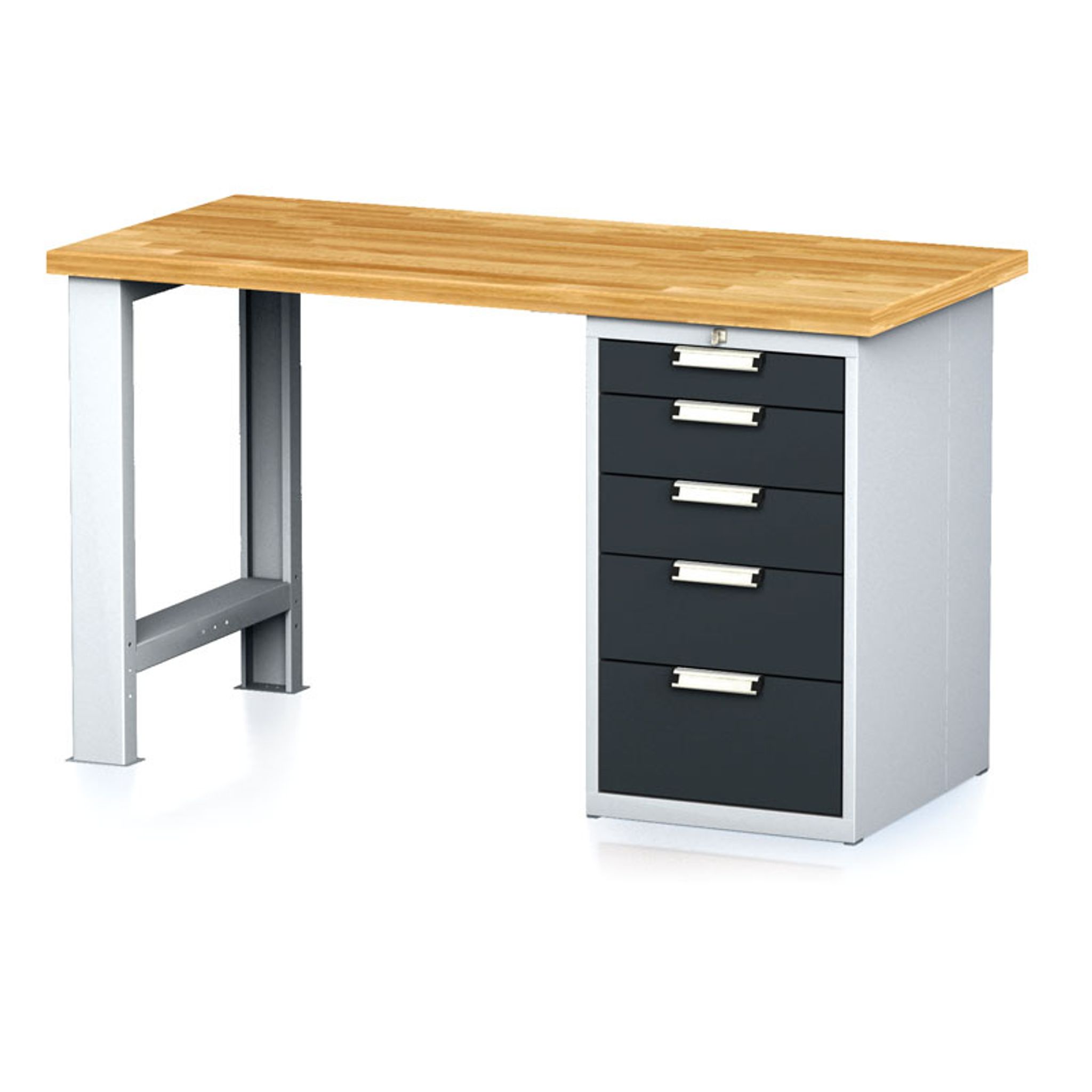 Dílenský pracovní stůl MECHANIC I, pevná noha + dílenský box na nářadí, 5 zásuvek, 1500 x 685 x 880 mm, antracitové dveře