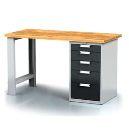 Dílenský pracovní stůl MECHANIC I, pevná noha + zásuvková dílenská skříňka na nářadí, 5 zásuvek, 2000 x 685 x 880 mm
