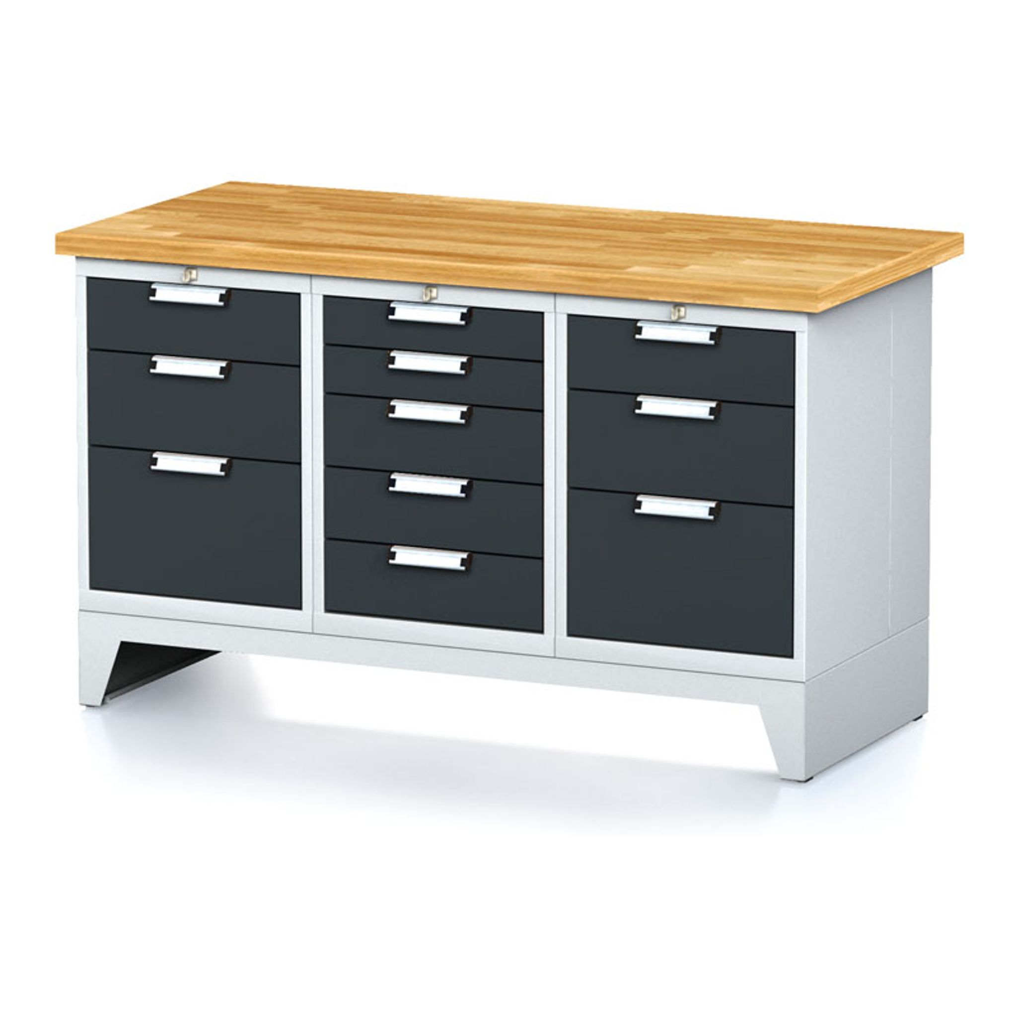 Dílenský stůl MECHANIC I, 1x 5 zásuvkový box a 2x 3 zásuvkový box na nářadí, 11 zásuvek, 1500x685x880 mm, antracitové dveře
